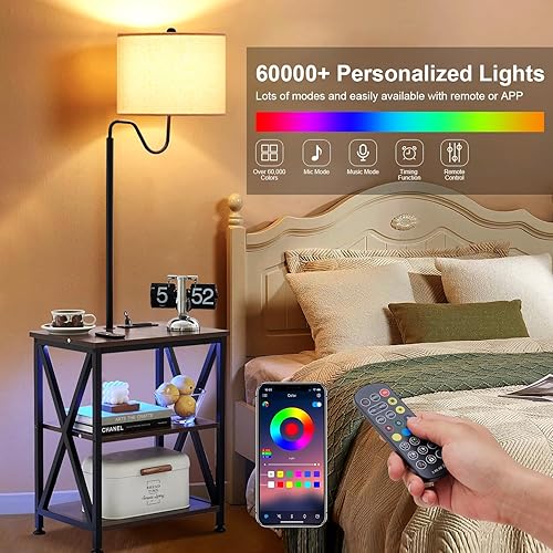 Miniatura 3 de LOKHOM Mesa auxiliar de 59 pulgadas con lámpara, lámpara de pie con mesa adjunta con 2 cajones de madera maciza y puertos USB, 2 tomacorrientes,