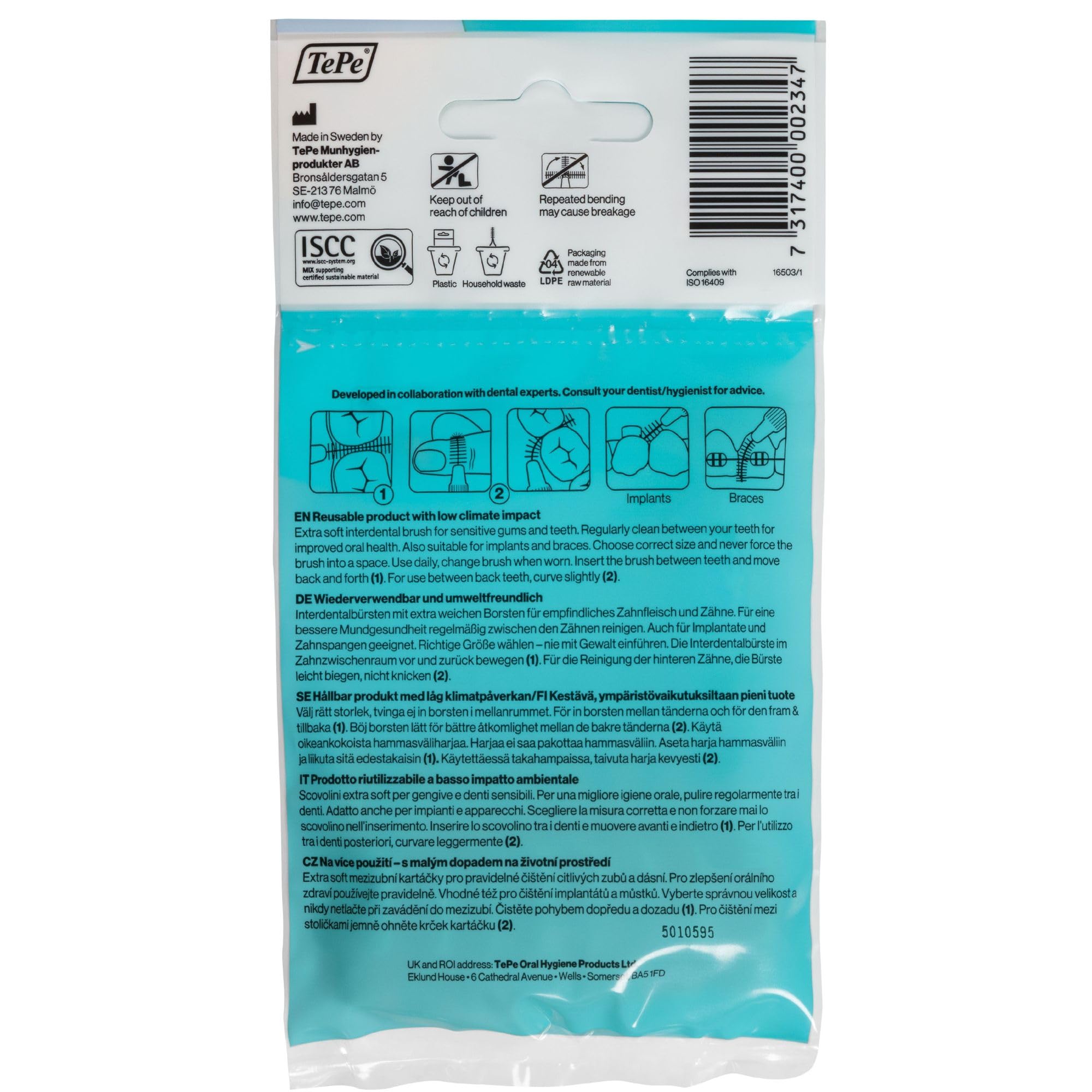 Scovolino TePe, Extra Soft, Blu, 0.6mm/ISO 3, 8pz, rimozione placca, pulizia interdentale efficace, per spazi medi