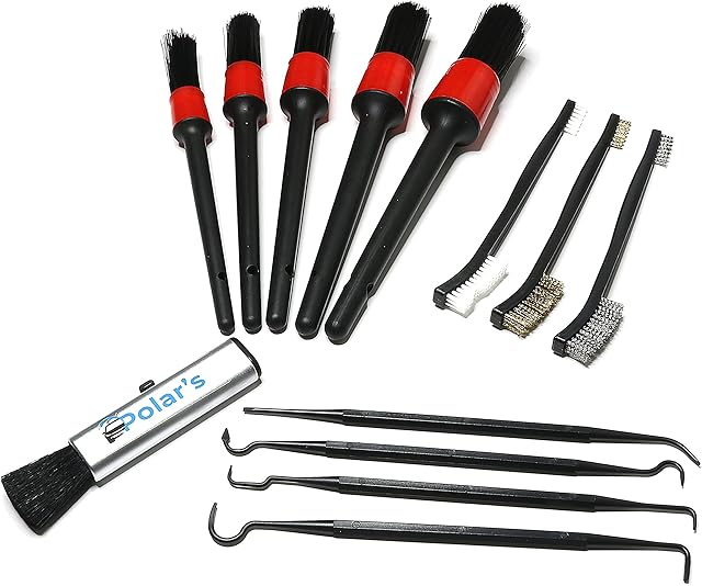 Polar's 13 Pcs Car Detailing Kit - Advanced Car Detailing Brushes Set that Removes Dirt - Small, Compact & Lightweight Interior Car Cleaning Kit Including Steel Wire Brushes & Nylon Pick Set- Black
