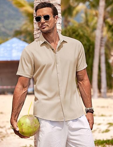 Miniatura 3 de COOFANDY - Camisas de lino para hombre, camisas informales de manga corta con botones para hombre, camisa de playa de verano para boda