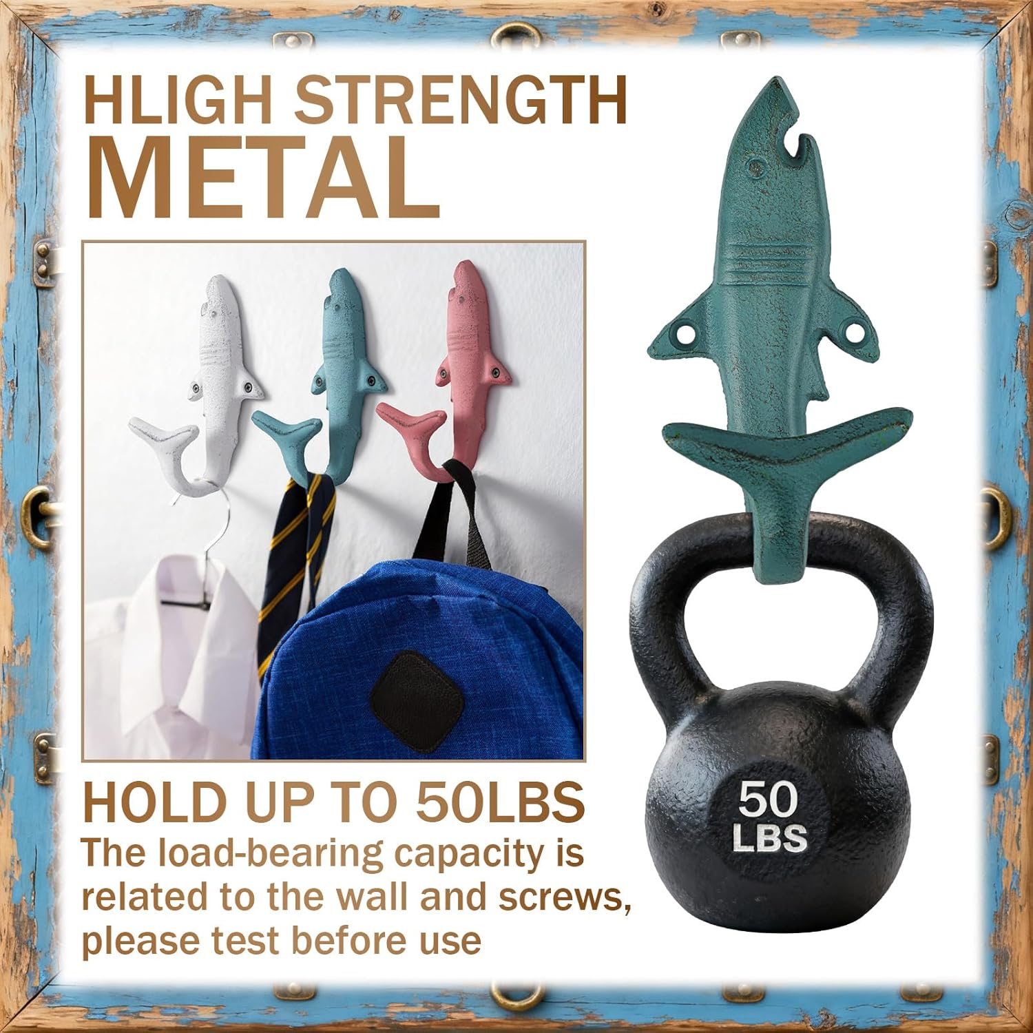 Duraaamo 6 Pcs Nautical Shark Tail Wall Hooks for Hats Coastal 6 Cast Iron Fish Hooks for Towel Coat Bags Hanging Decor High Coastal-Themed interiors 5.25 Inches with Screw Set - Image 2