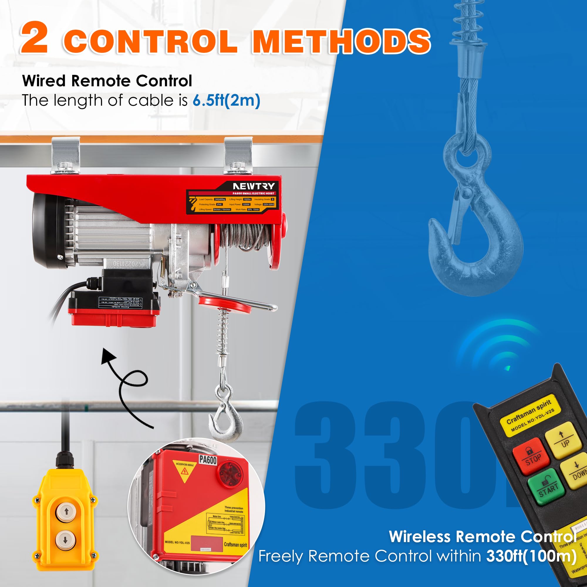 NEWTRY paranco elettrico 240kg/480kg, 20m/10m altezza di sollevamento, controllo wireless 100m, controllo a filo 2m, per casa garage magazzino 1200W