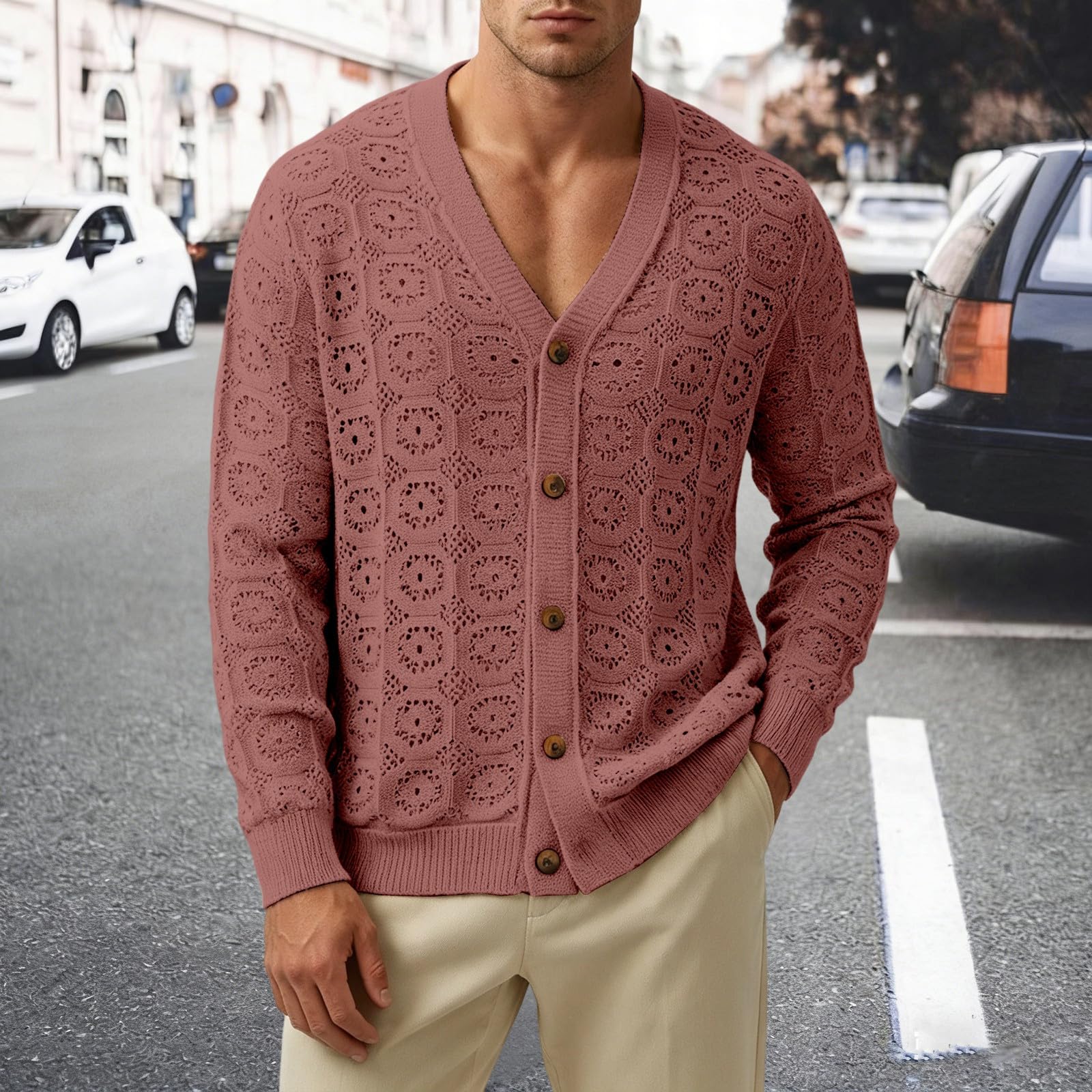 Cárdigan de Punto para Hombre de Corte Relajado con diseño Calado para Mayo