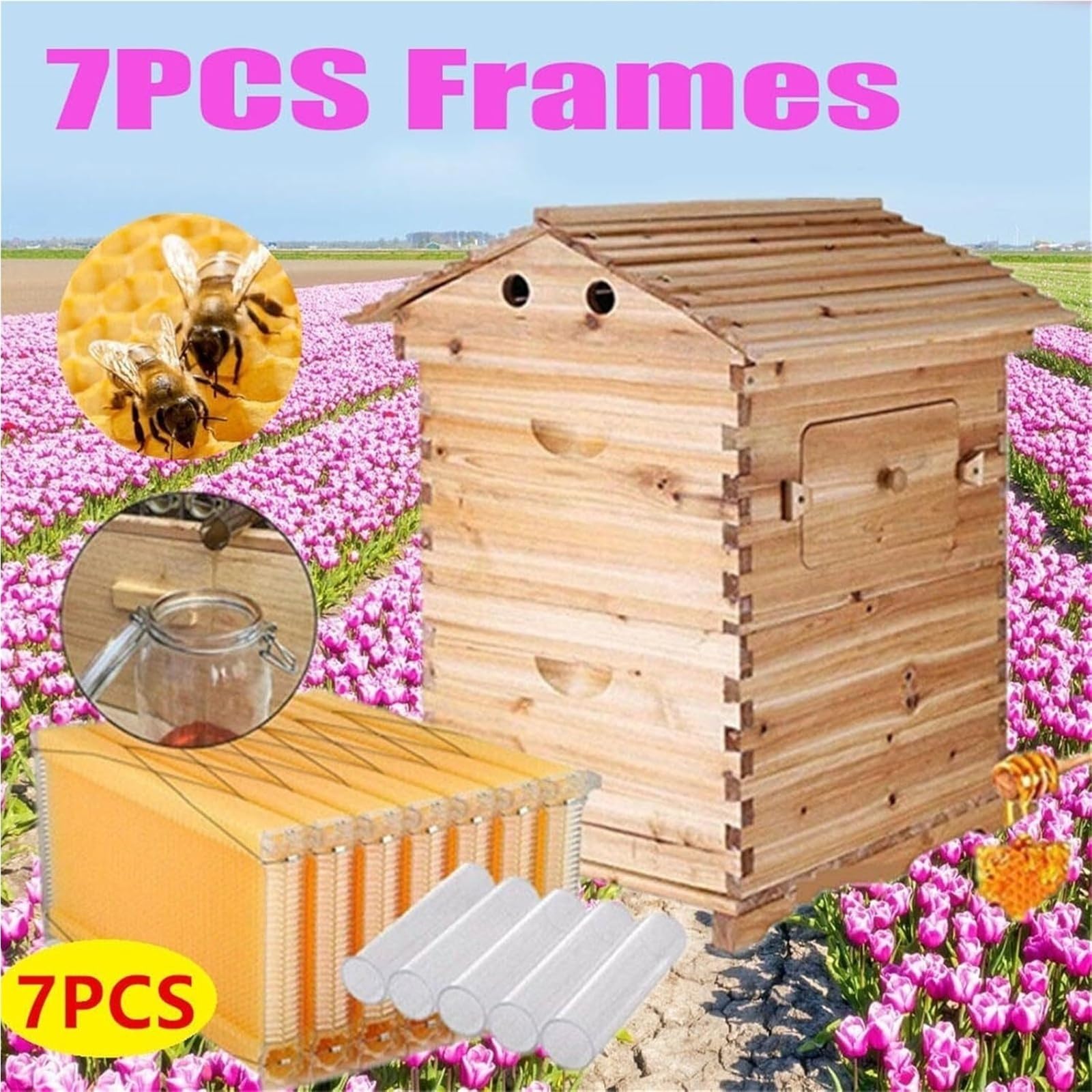 Beehive Starter Kit - Casetta automatica in legno per alveare con telaio per apicoltura, include 7 pettini rivestiti in cera e forniture essenziali