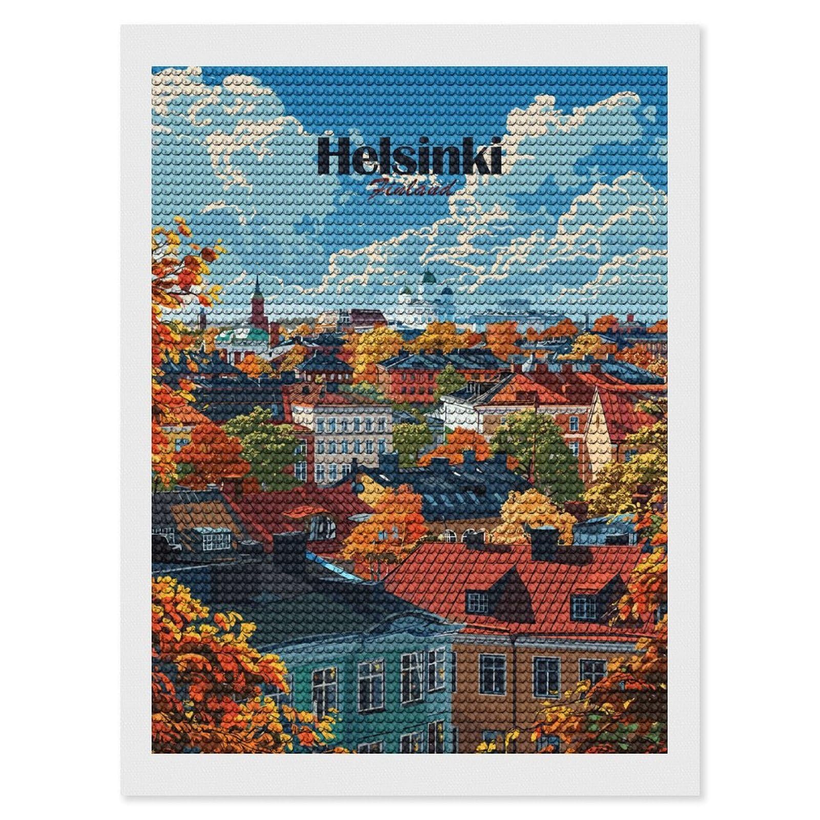 Junmoney Helsinki Finland Autumn Cityscape Illustration Diamond Art Canvas 12"x16", for Creative Relaxation, Simple to Start, Aesthetic Room Decor, Holiday Gift Idea