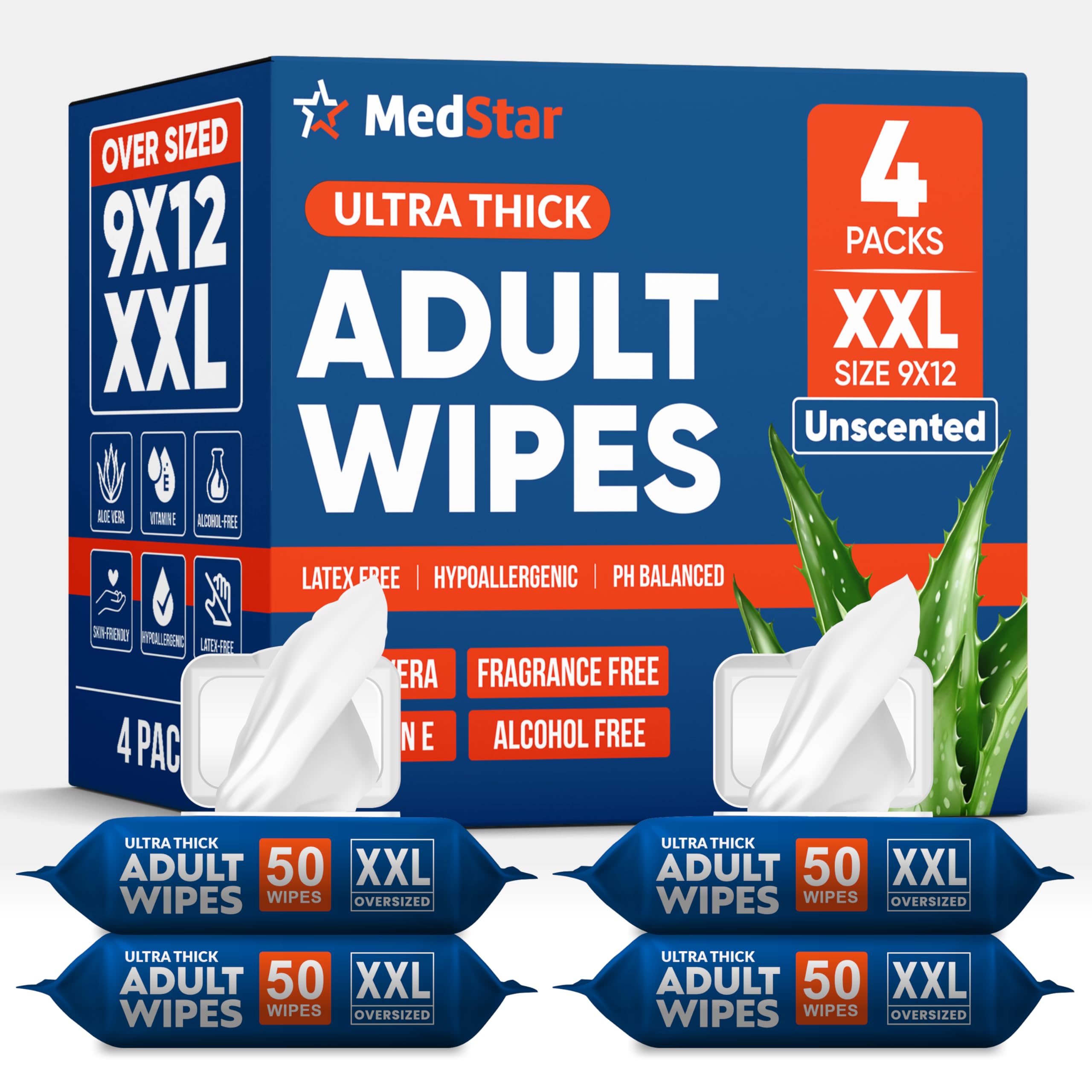 MedStar Toallitas para adultos extra grandes de 9 x 12 pulgadas, paños desechables más gruesos para el cuidado de ancianos y alternativa a la ducha, sin fragancia con tapa abatible, 200 toallitas en