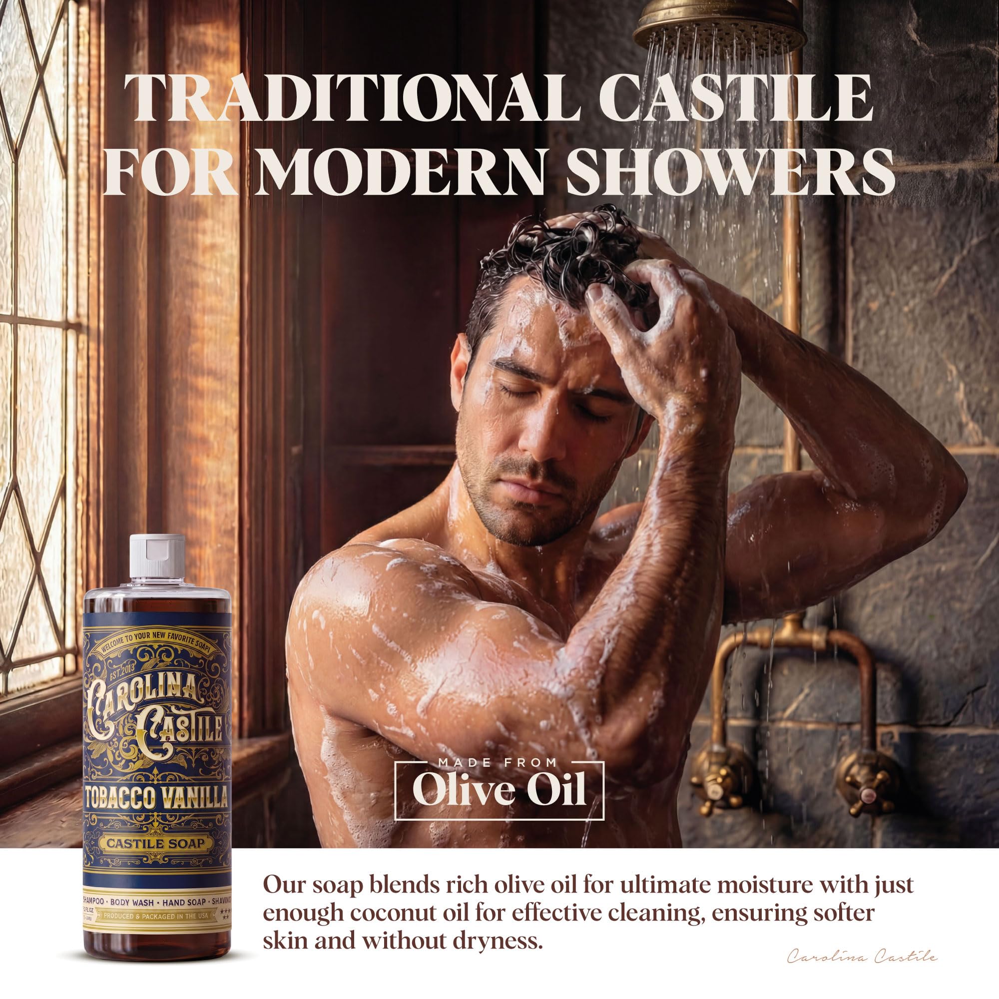 Castile Soap Liquid Body Wash Sensitive Skin – naturalne mydło dla mężczyzn z oliwą z oliwek, masłem kokosowym i olejkiem kokosowym – wegańskie męskie mydło do ciała i szampon dla mężczyzn – Tobacco