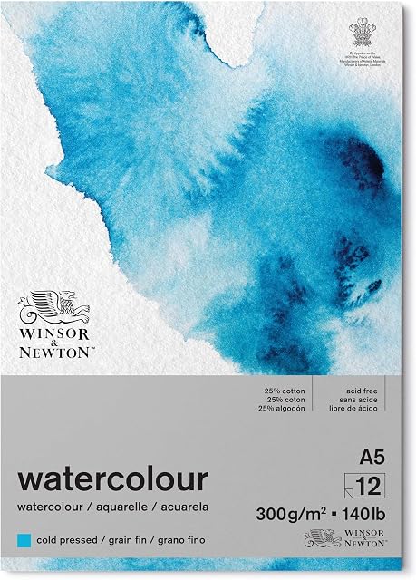 Winsor and Newton Watercolour Paper Pad, A5, 12 Sheets, 300 g/m, Glue Bound, Cold Pressed, Acid , Mixture of 25 Percent Cotton and Cellulose Fibres, Natural White
