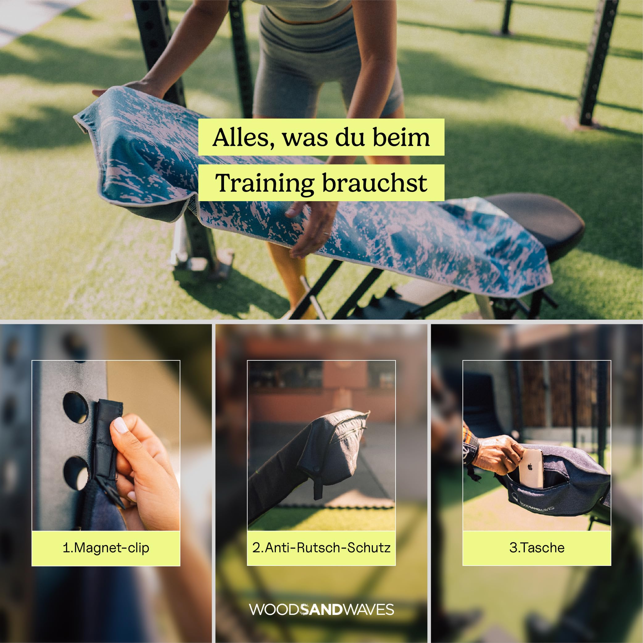 WOODSANDWAVES Ręcznik sportowy do siłowni z zamkiem błyskawicznym i torbą z magnesem – szybkoschnący i antypoślizgowy – ręcznik z mikrofibry do fitness, sportu, siłowni – ręcznik do siłowni i