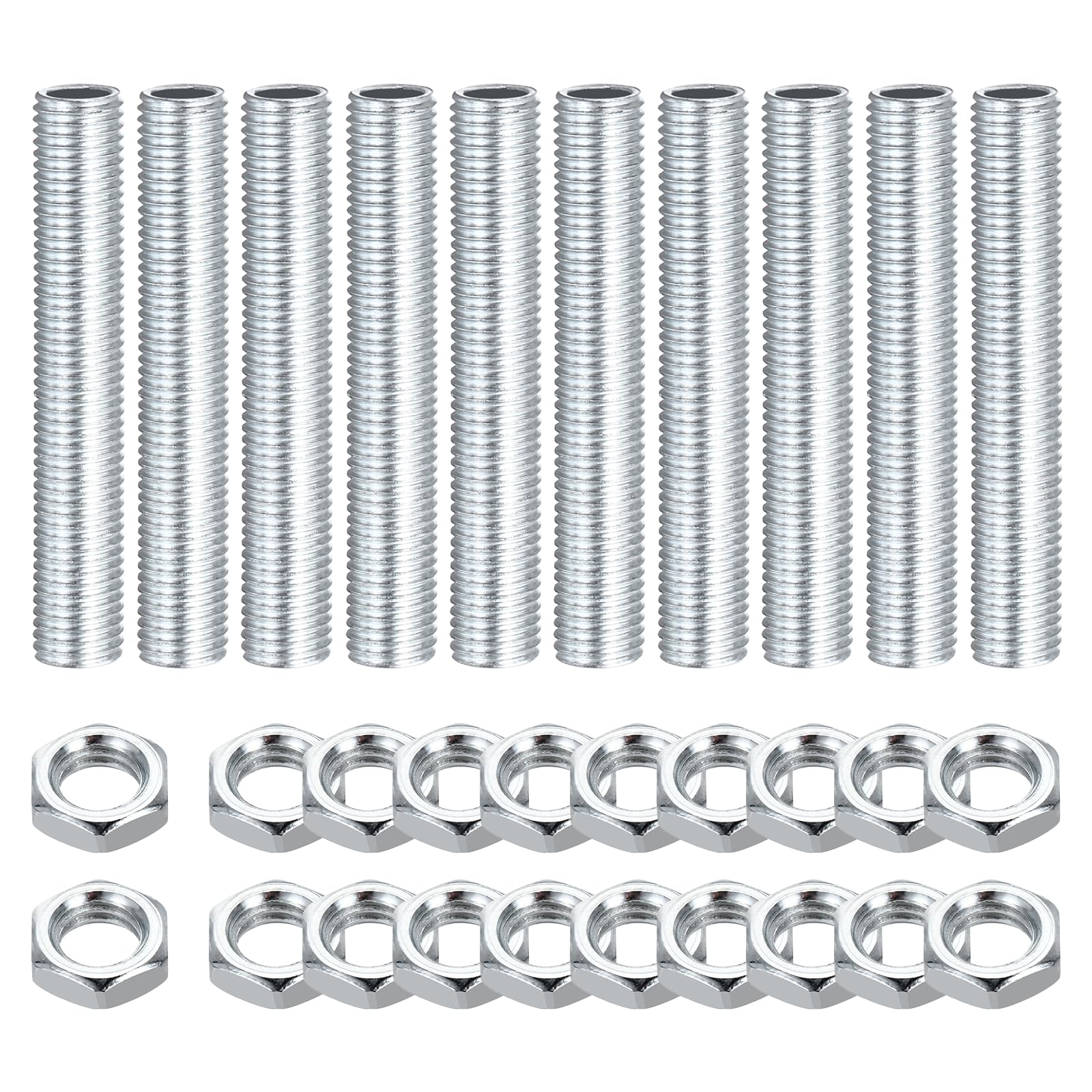 sourcing map 10Pcs 50mm Lamp Pipe Nipples Kit with Lock Nuts, M8x1 Fine All Threaded Hollow Tube Lamp Repair Hardware Fasteners for Chandelier Ceiling Lamps Assembly DIY, White Zinc