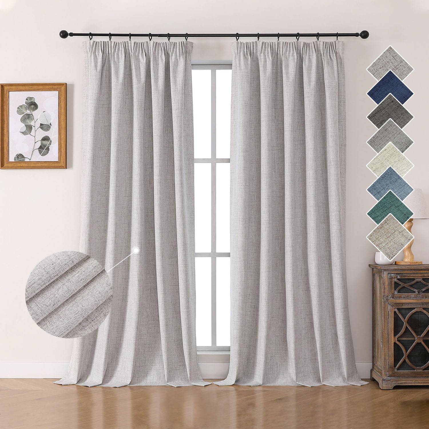 Joydeco 100% Rideau Occultant Thermique en Lin avec Galon Fronceur 140x275 cm 2 Pièces, Rideau Isolant Thermique Anti Froid et Chaleur à Passe Tringle pour Décoration de Porte Fenêtre