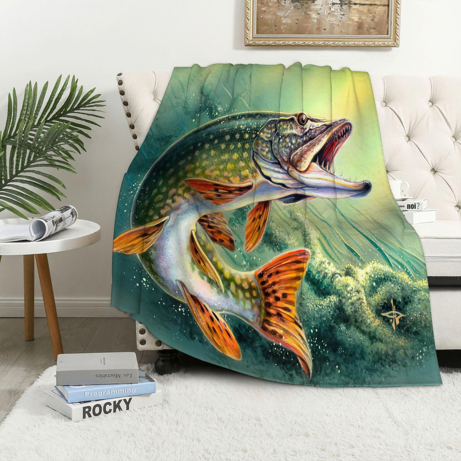 MAAPCHP Flannel Fleece Blanket Throws for Sofa Fluffy Blanket Bed Throw for Bedroom Predatory fish Pike painted in watercolor Blanket for Bed, Couch,Car 50x60in