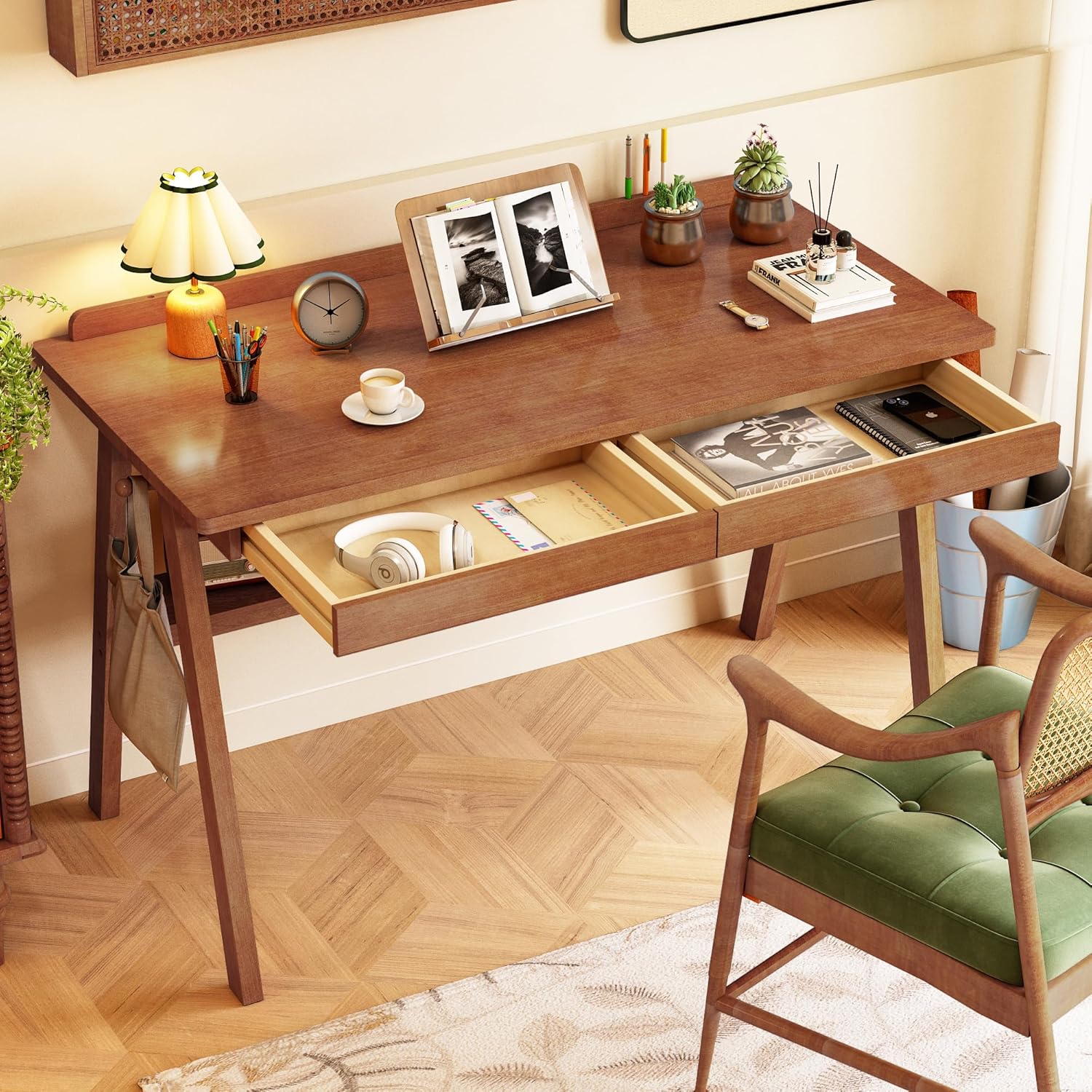 100% Solid Wood Desk with Drawers & Storage Shelf - 48 x 24 Inch Mid Century Modern Desks, Vintage Writing Desk with Deeper Desktop, Home Office Computer Desks for Bedroom & Home-Walnut Color