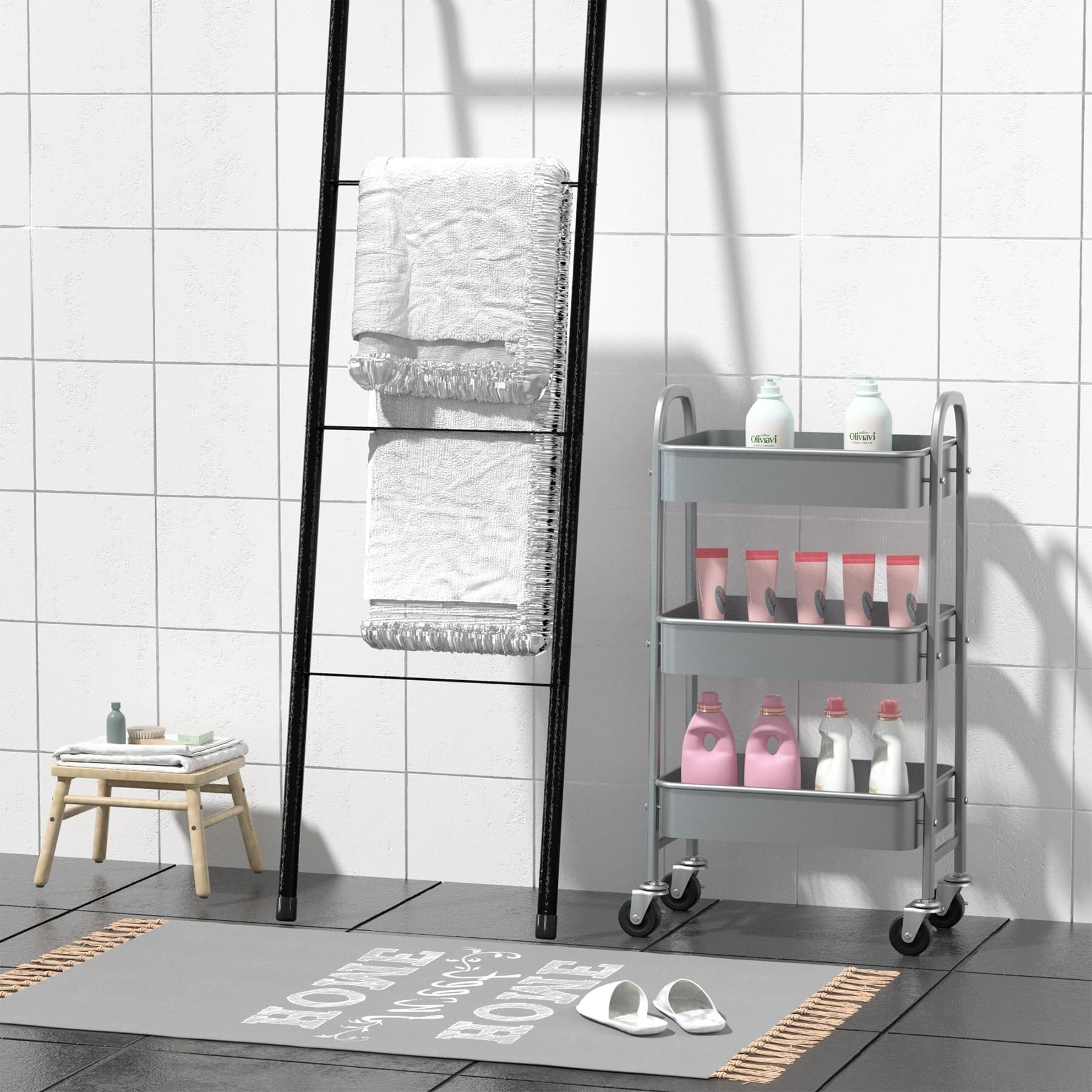 Carrello portaoggetti a 3 ripiani con ruote, in metallo resistente, per cucina, bagno, ufficio e salone di bellezza, salvaspazio, grigio