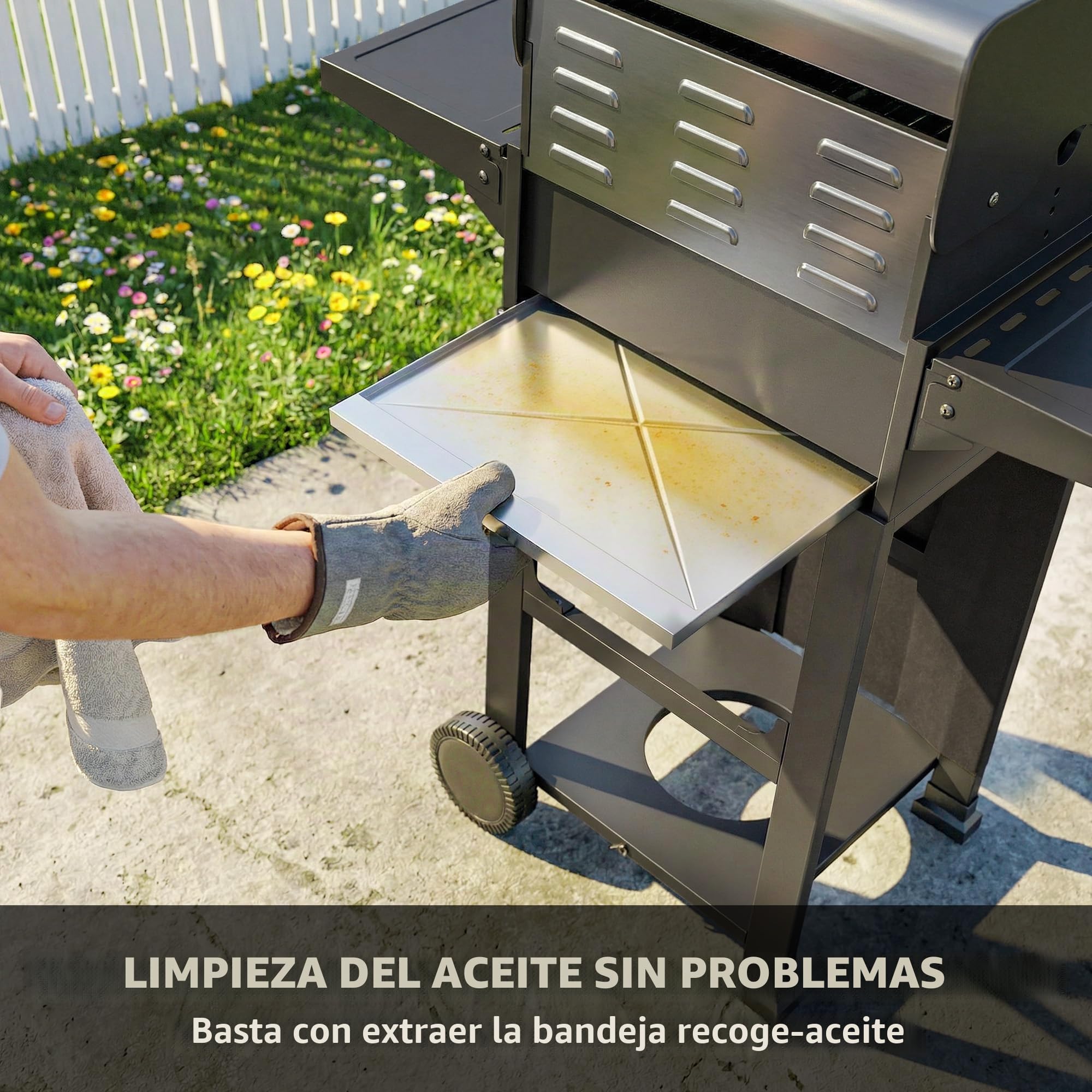 Barbacoa de gas Outsunny con 2 quemadores de 5,4 kW, barbacoa portátil de gas propano con parrilla, bandejas plegables, tapa, bandeja recogegrasa, termómetro y ruedas, para jardín exterior, color