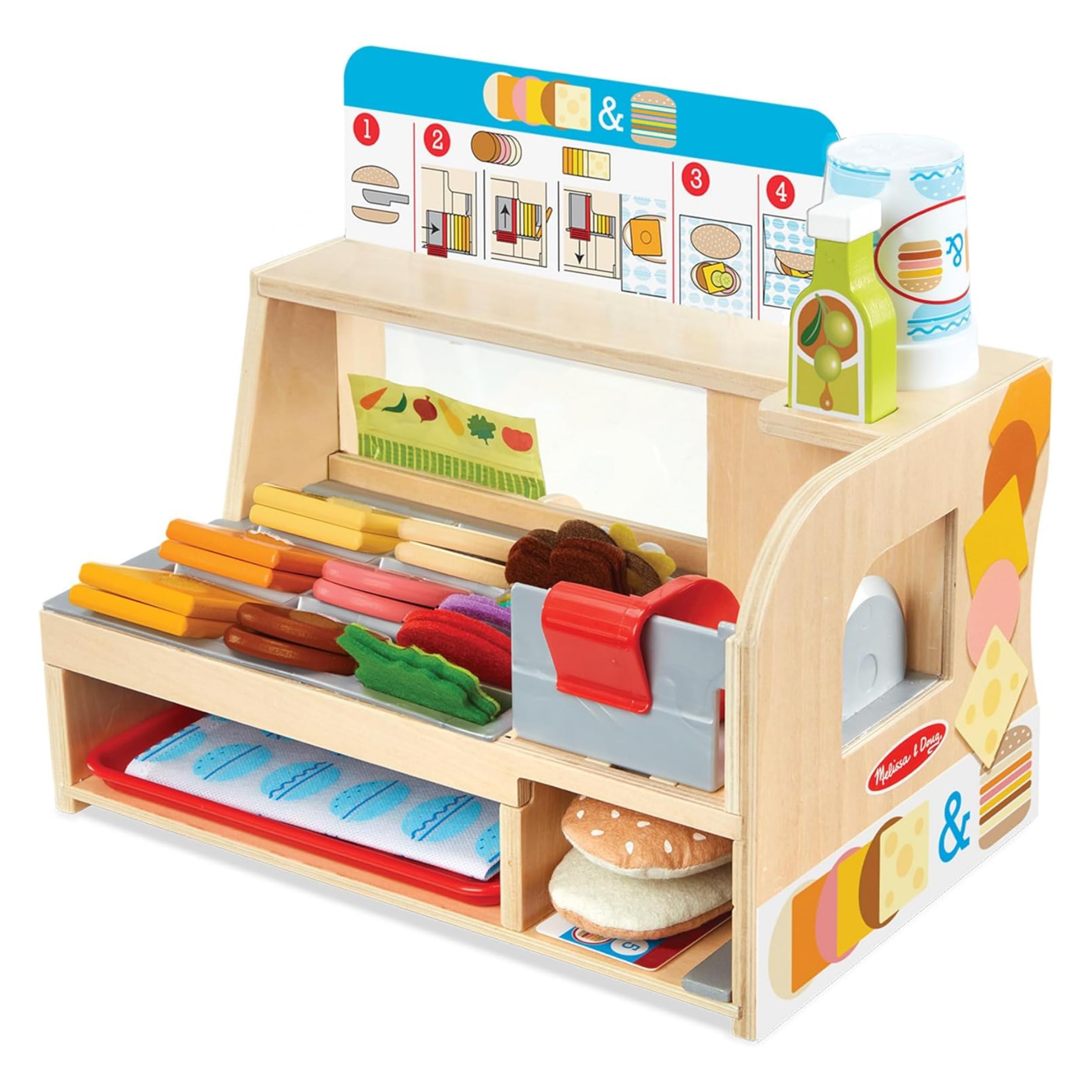 Melissa & Doug Banchetto degli Hamburger - Gioco Educativo in Legno, Cibo Giocattolo, Gioco di Imitazione Montessori, Gioco Creativo, Regalo per Bambini e Bambine, 3+ Anni - Certificati FSC