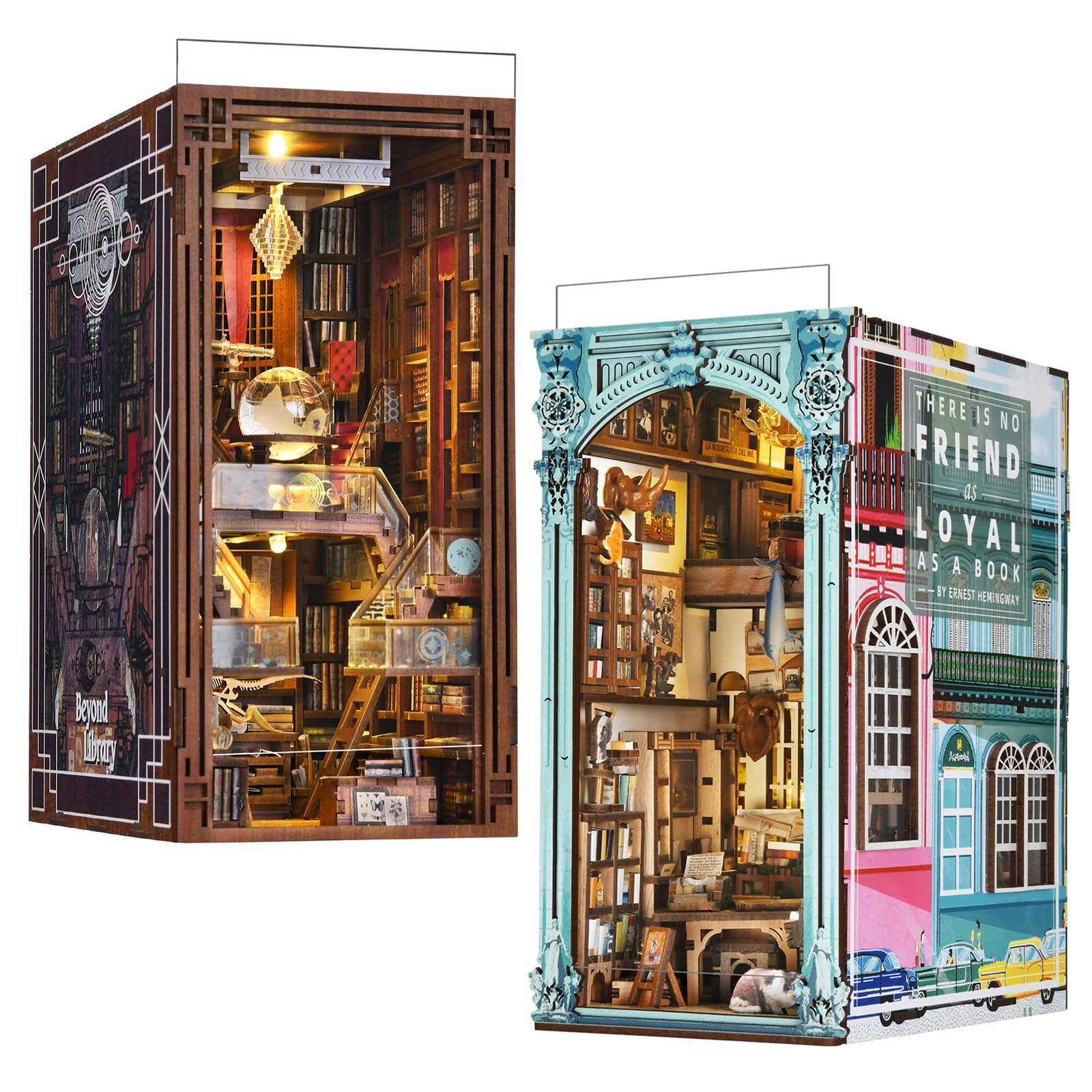 Assembled MiniCity Book Nook Kit, Hemingway House and Beyond Library, with lights on