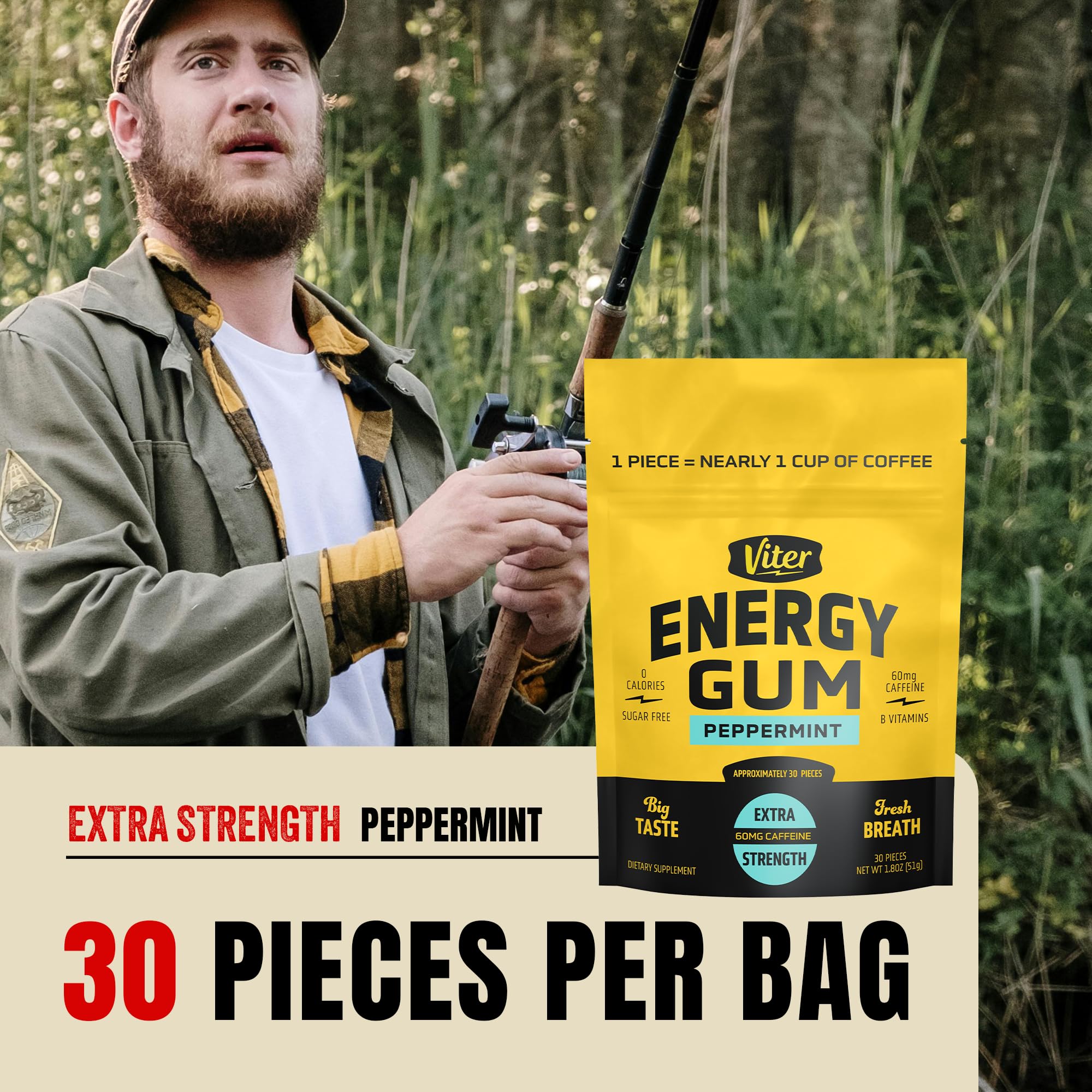 Viter Energy Caffeine Gum 60mg, Sugar Free, Peppermint, 30 Pieces — Amazon image 4