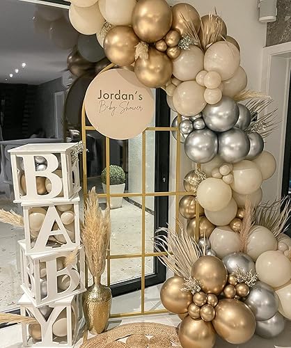 Miniatura 3 de Arco de guirnalda de globos de color blanco arena y plata, 135 unidades, color beige, blanco y dorado cromado, arco de globos plateados, arco de