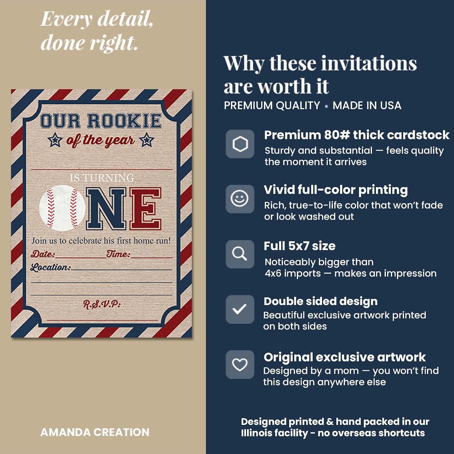 Rookie Of The Year Baseball Themed 1st Birthday Party Invitations for Boys, 20 5x7 Fill In Cards with Twenty White Envelopes by AmandaCreation