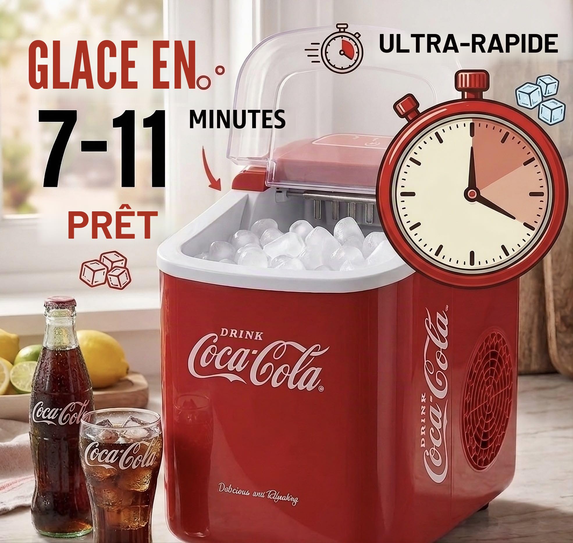 Machine à glaçons Salco Coca-Cola – Fabricant de glaçons avec 2 tailles de glaçons – Design rétro rouge – Machine à glaçons portable pour cocktails, boissons et soirées (10 kg par 24 heures - Rouge)