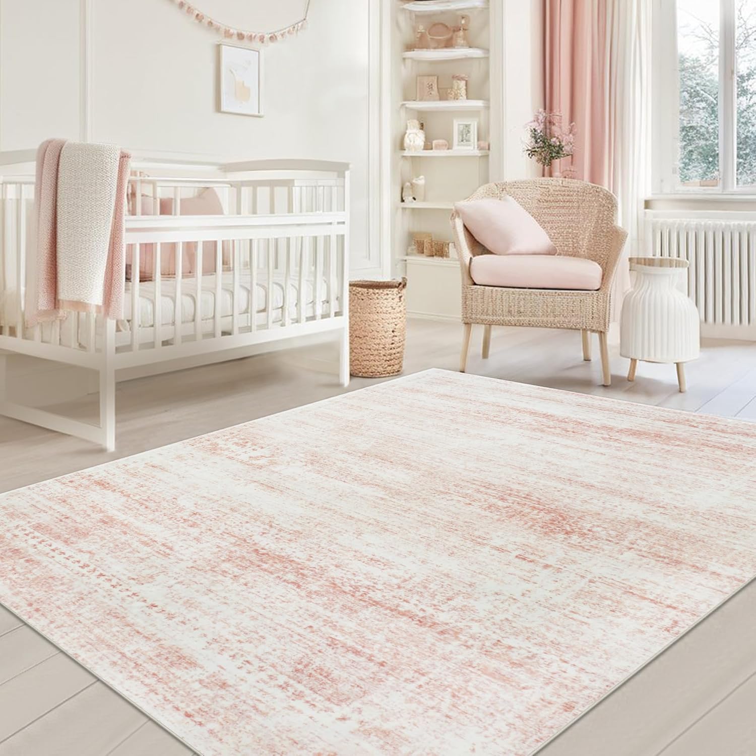 (Similar)Washable Rugs 5x7 Area Rugs for Living Room,Bedroom,Dining Room- Ultra Soft Faux Wool Nursery Rug for Baby Girl,Neutral Light Pink Low Pile Vintage Carpets for Dorm Kids Playroom,Non Slip 5' x 7' (Rectangular) Pink-white