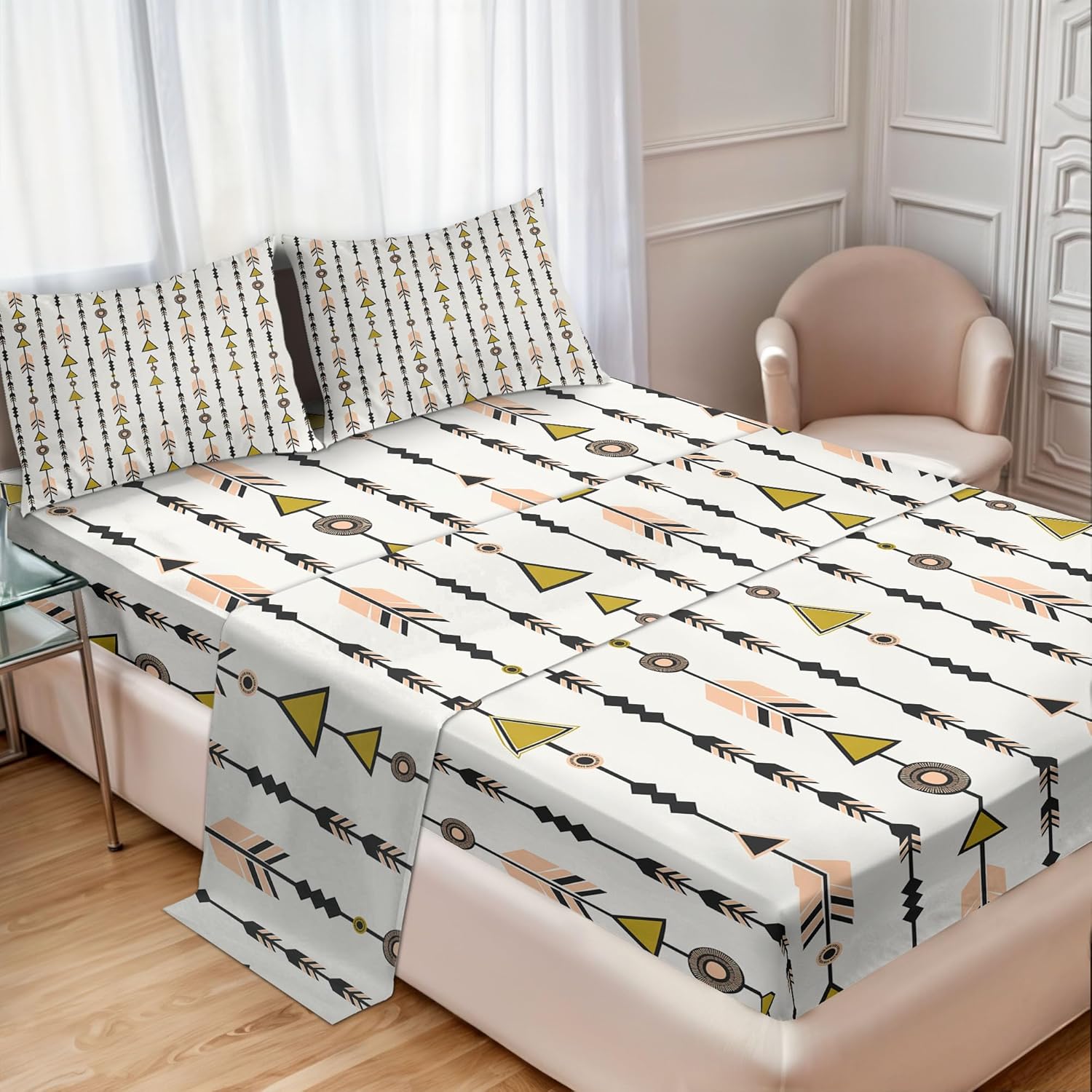 Ambesonne Arrow Sheet Set, Style Arrow and Geometric Pattern in Retro Style Cultural Boho, Fitted and Flat Sheet with Pillowcases Bedding Accent 4 Piece Set, Queen, Black Pink Green - Thumbnail 4