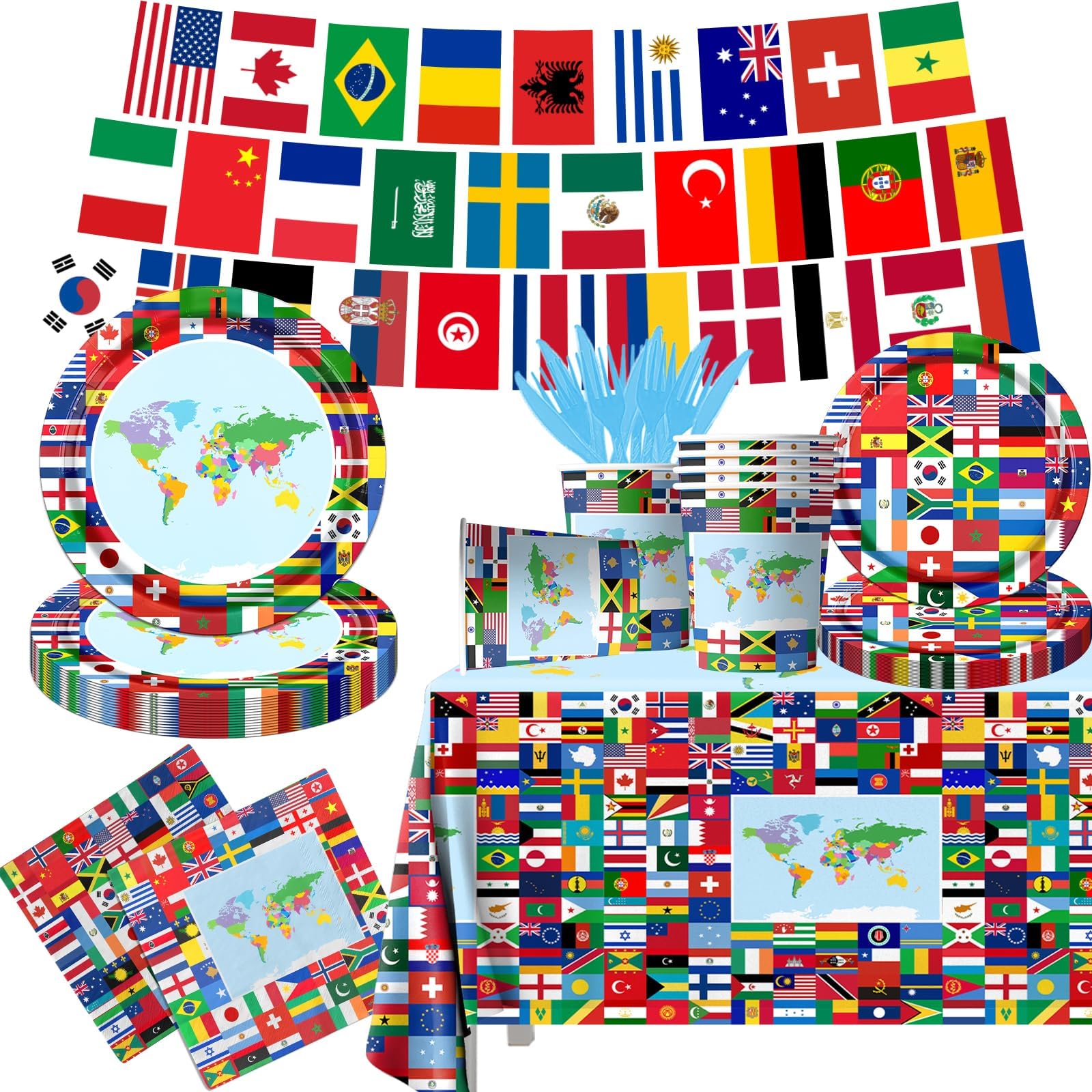 International World Flags Tableware Set, 142Pcs International Flags Decorations Plates and Napkins, Cups,Banner,Flags Tablecloth for Travel Trip Around the Globe Retirement Party