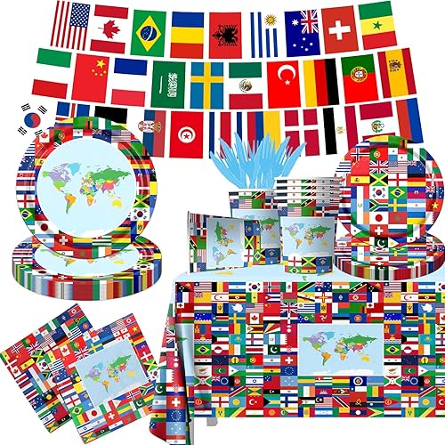 International World Flags - Juego de vajilla de 142 piezas de banderas internacionales, platos y servilletas, tazas, pancartas, mantel de banderas