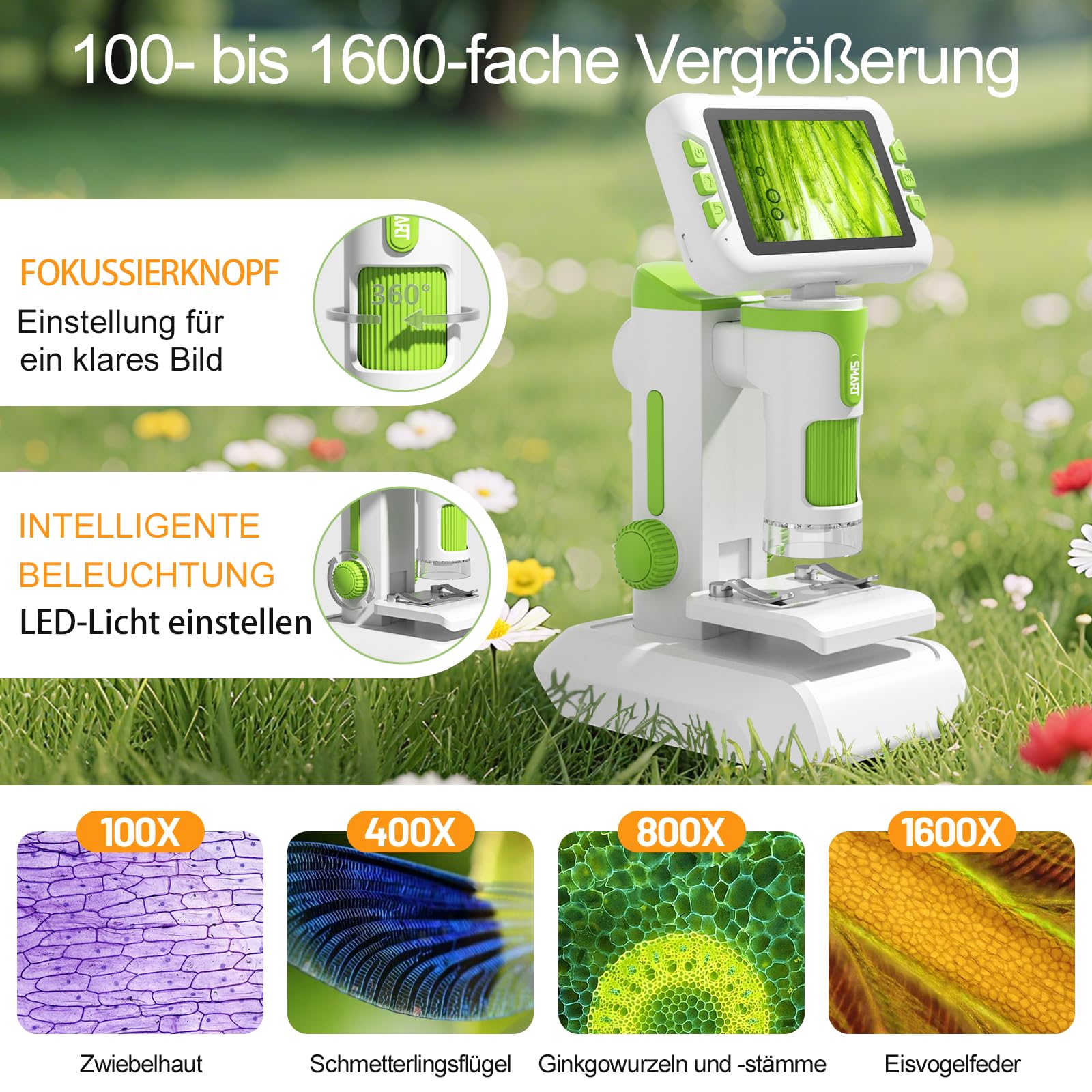 4,0" IPS Digital Mikroskop 1600X, 1080P Tragbares Handmikroskop mit Foto- und Videoaufzeichnung, 32 GB Karte, LED-Licht, Objektträgerproben, Wiederaufladbar USB-Mikroskop für Kinder/Erwachsene
