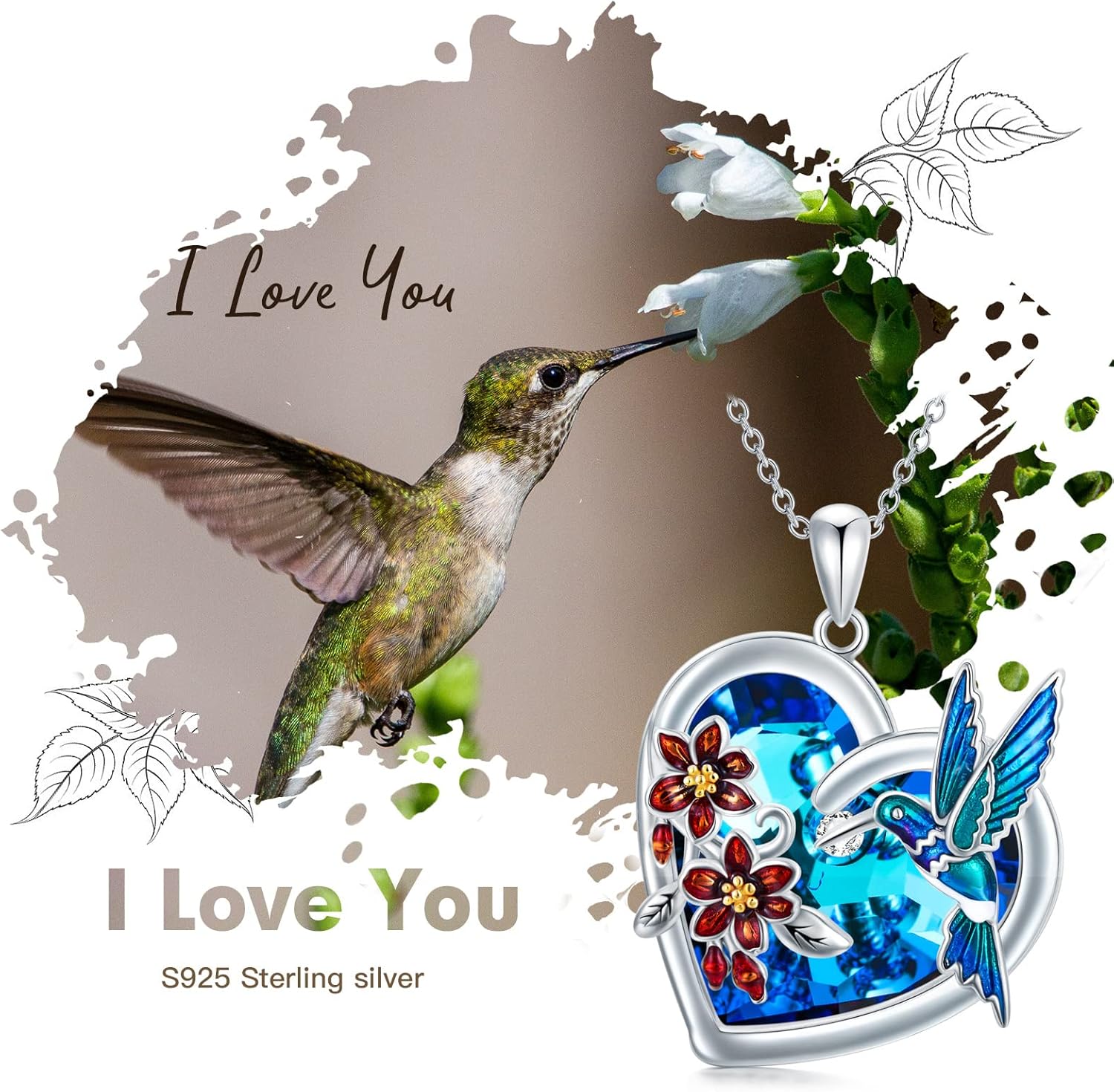 Hummingbird Necklace with Blue Heart Crystal Hummingbird Pendant Necklace Gift for Women - Image 5