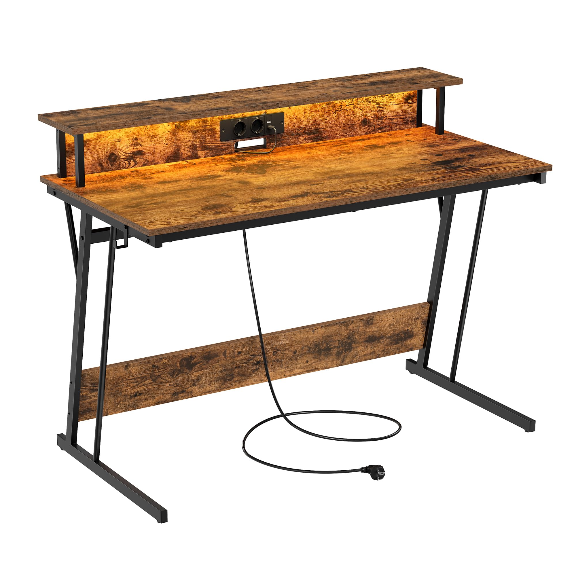 VASAGLE Scrivania da Gaming con Luci LED e Prese di Corrente, Scrivania da Computer, Supporto per Monitor, Tavolo per 2 Monitor, Ufficio, Camera da Letto, 60 x 120 x 76 cm, Marrone Vintage LWD192K01