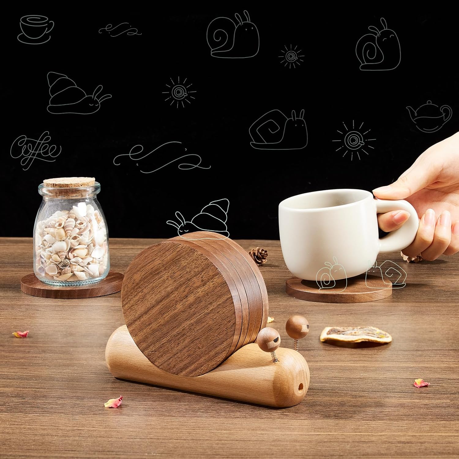 Wooden Coasters for Drinks-Natural Acacia Wood Drink Coaster with Magnetic for Coffee Table,Fun Cute Coasters with Holder for Modern Home Decor-Set of 5 - Image 7