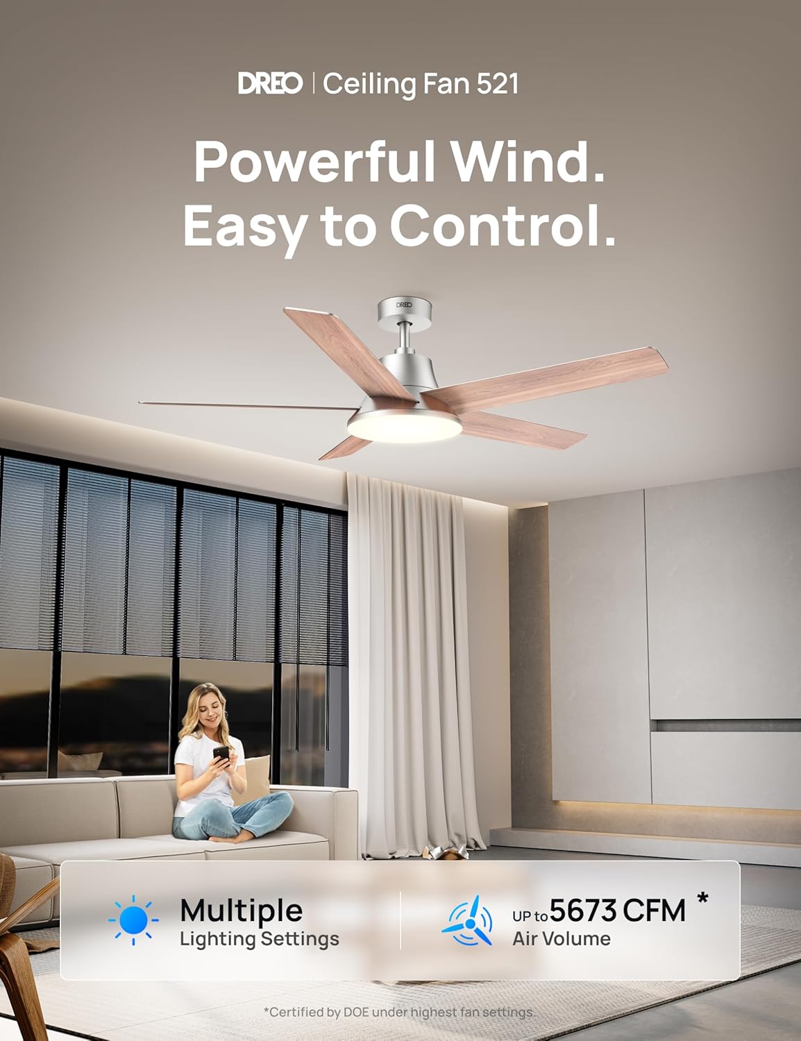 dreo smart ceiling fan with lights, 52 inch, 12 speeds & 3 fan modes, stepless color tones, dimmable led light, 12h timer, quiet dc motor, remote/app/alexa control, silver ceiling fans indoor wifi silver