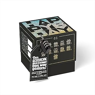 SURPRISA Geschenkbox Rätselbox Happy Bday – Schwarz mit Glitzerfolie – kreative Verpackung für Geburtstagsgeschenke & Gutscheine (Größe 12 cm)