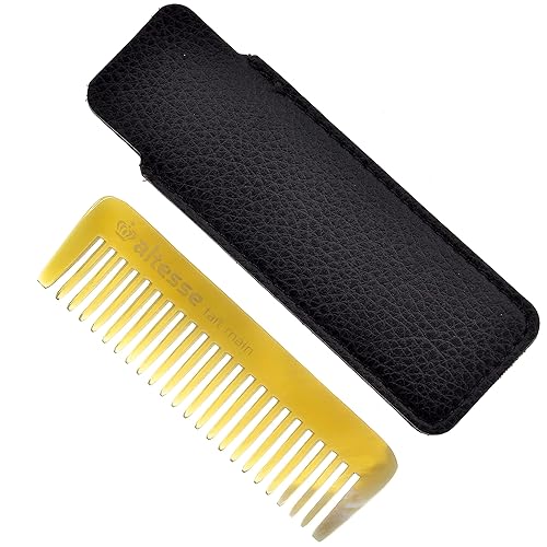 Altesse 11332 Peine de dientes anchos pequeños y anchos, peine para bigote para hombres (3.5 pulgadas) con peine de bolsillo, funda de cuero