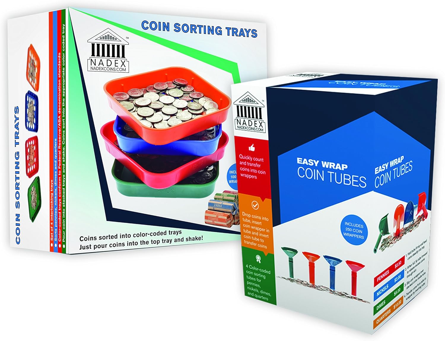 Nadex Sort and Wrap Set-4 Wrap Coin Tubes and 4 Quick Sort Coin Trays, Color-Coded (with Wrappers) : Office Products