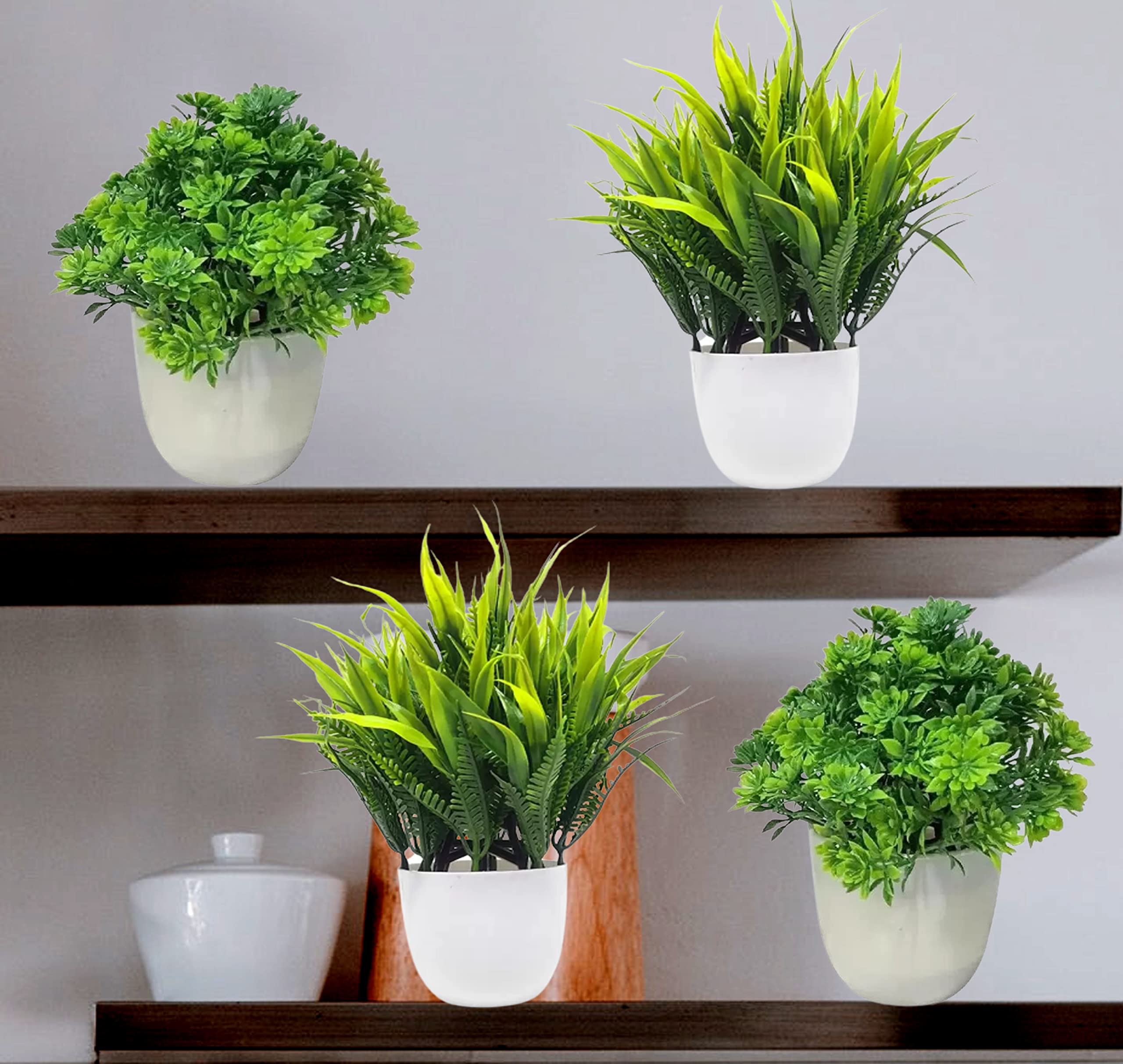 DUCTOR Bonsai Wild Artificial Green Plant with Pot Combo of 4 for Home Decorate H~15cm (6 INCH)