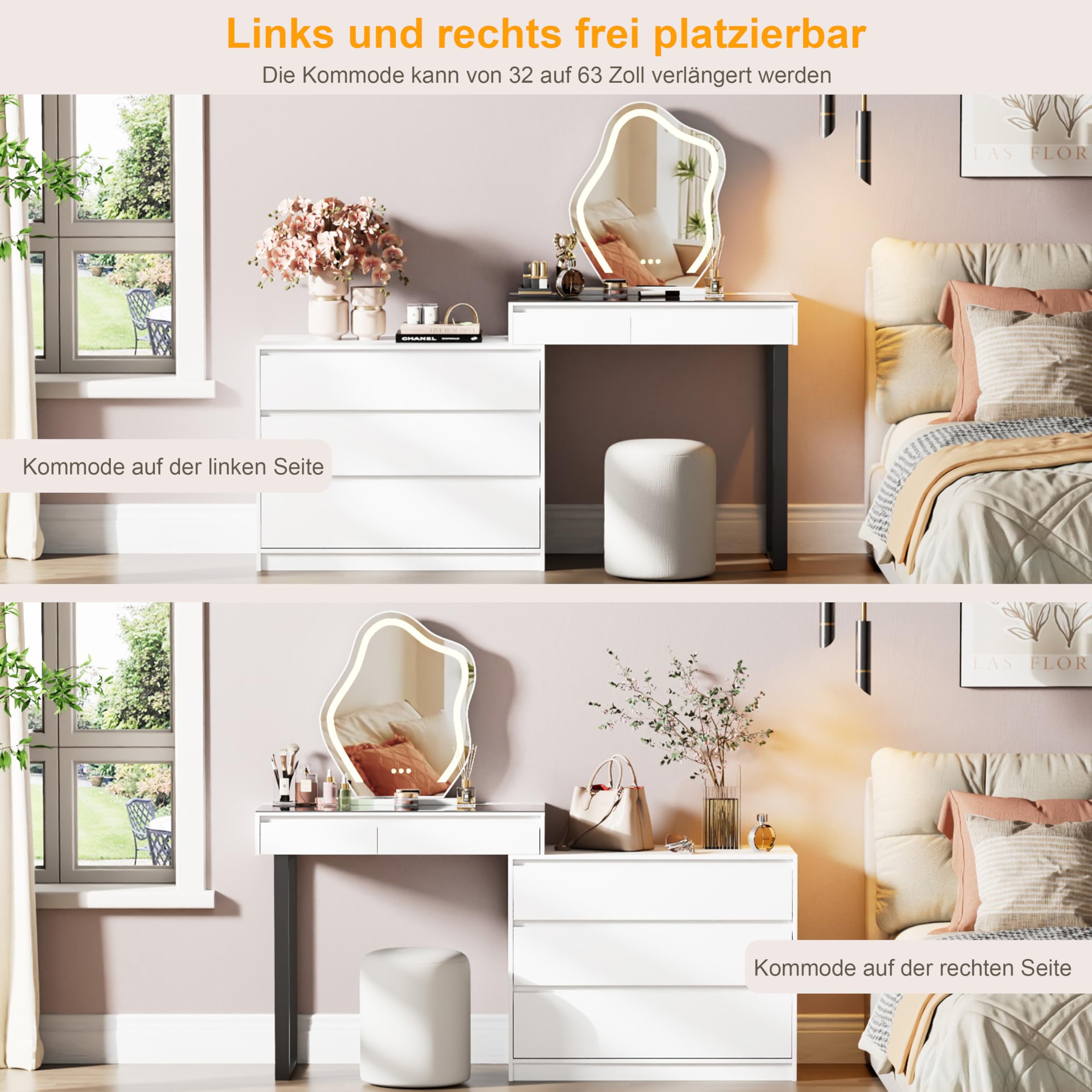BROTTAR Schminktisch mit Verstellbaren LED-Beleuchtung, Dressing Table mit Spiegel, Vanity Desk mit 5 Schubladen, Ecke Vanity, L-Form ändern, Eckschminktisch mit Glasplatte, Weiß