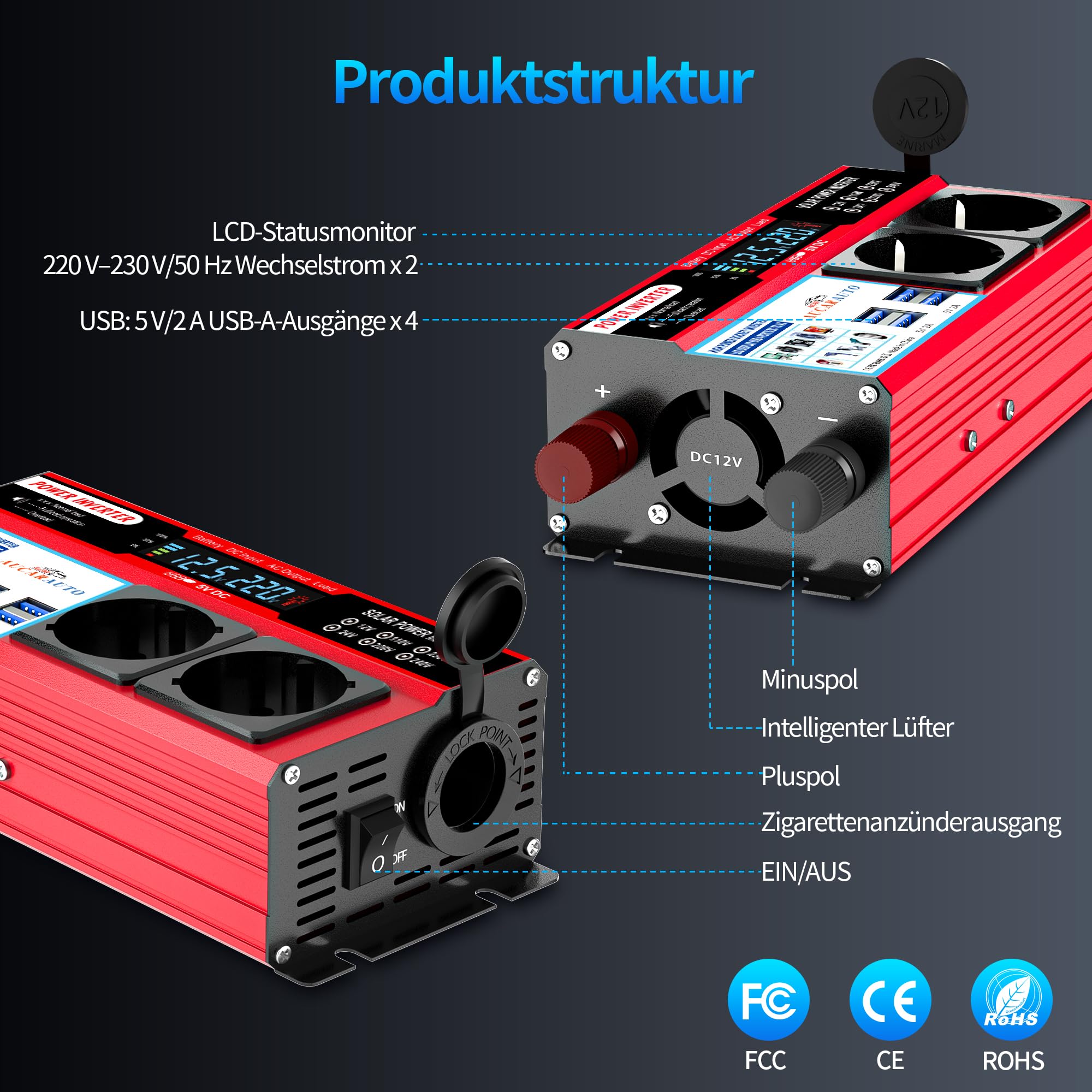Transformador de tensión de 500 W con pantalla digital LED, inversor de 12 V a 230 V, con 4 puertos USB-A y 2 enchufes para coche, carga tu ordenador portátil, iPad, iPhone, tablet y más