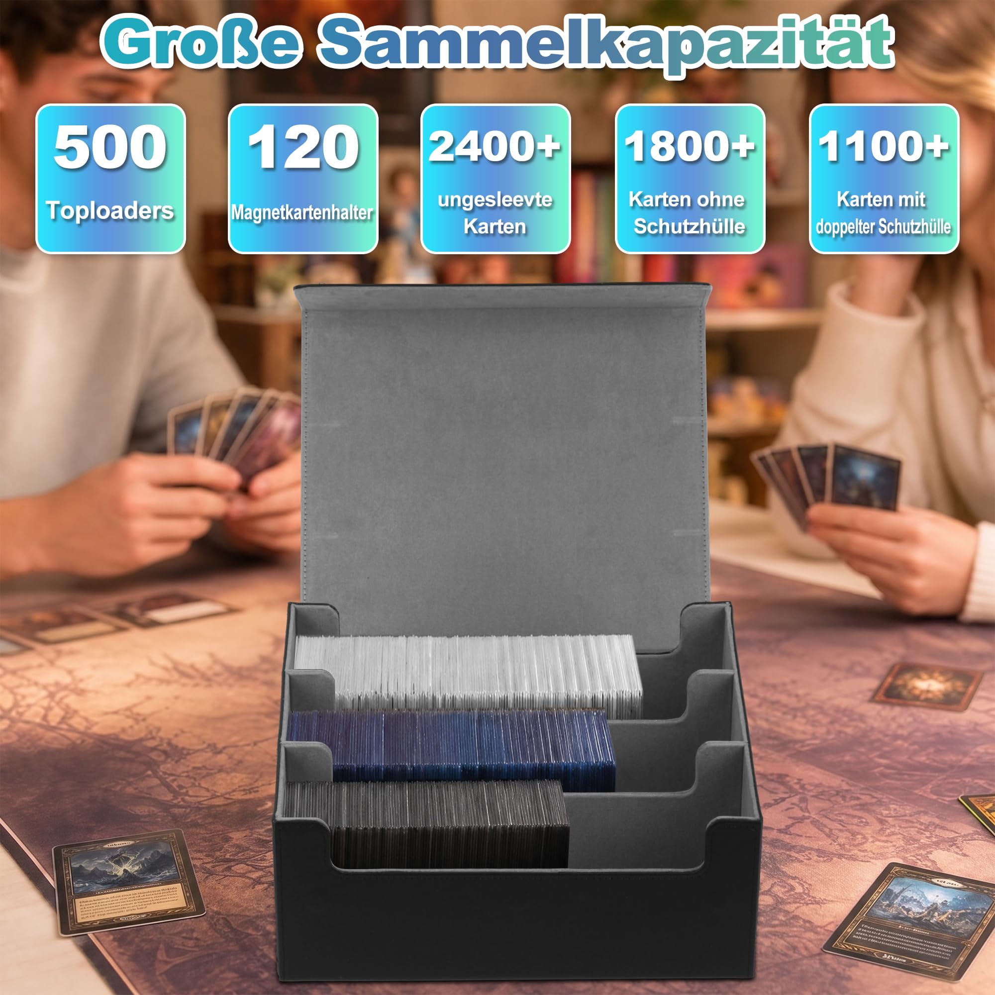 Scatola per carte con 200 caricatori superiori e 600 custodie per carte, può contenere 1800 carte avvolte, scatola per carte da collezione con chiusura magnetica, 10 divisori e 6 fermi per carte