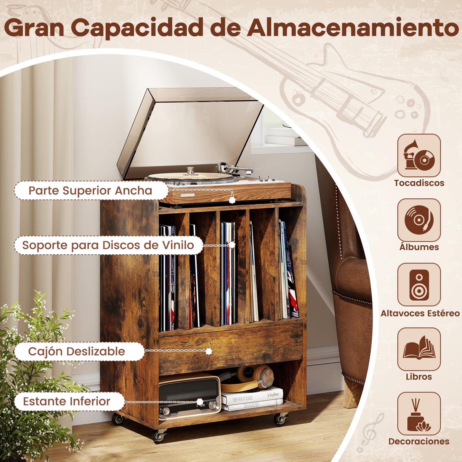 COSTWAY Soporte para Tocadiscos con Ruedas, Mueble para Discos de Vinilo con 5 Compartimentos, Cajón y Estante Abierto, Mesa Auxiliar para Tocadiscos para Salón, Oficina, 52 x 35,5 x 73 cm (Marrón)