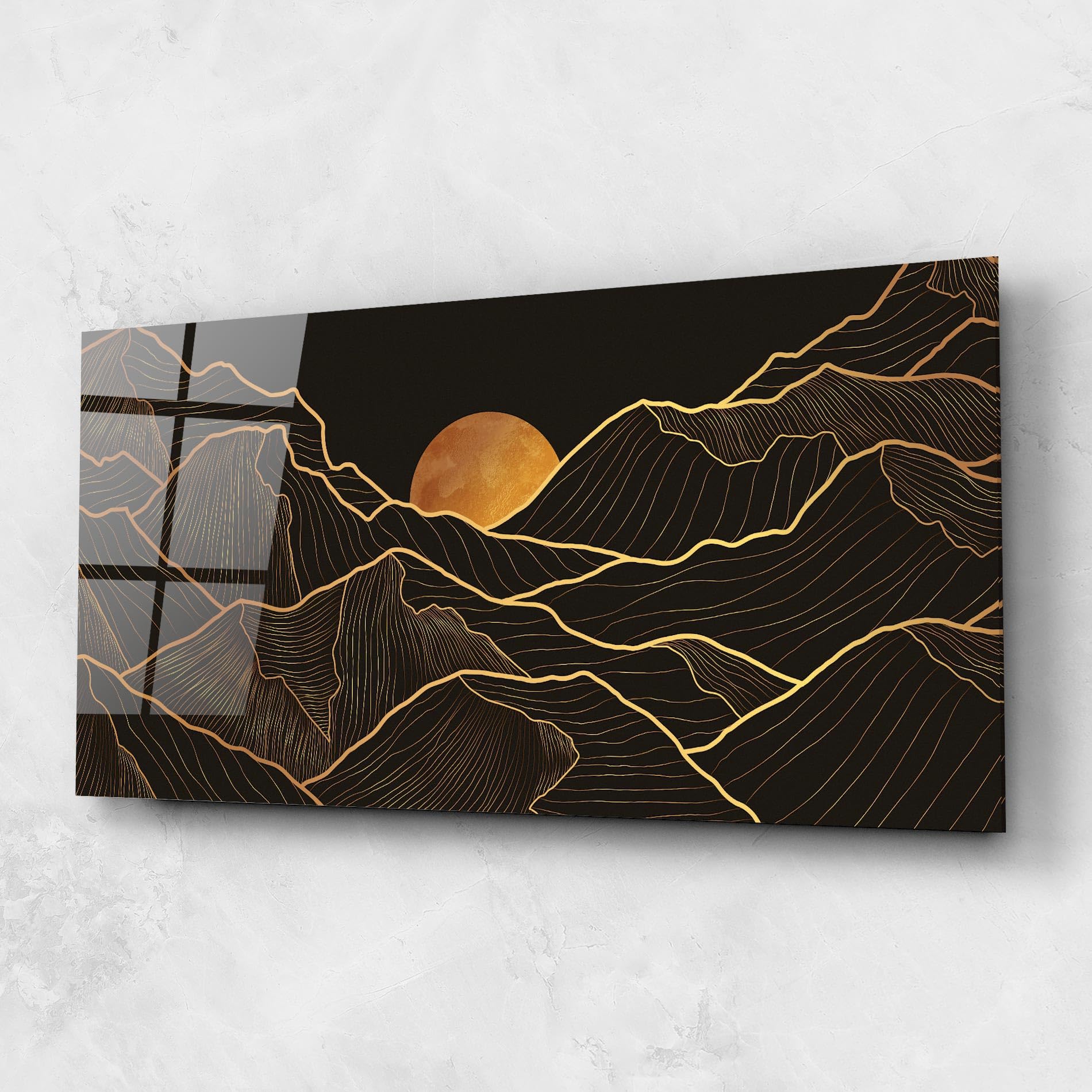 ARTHUB® Moderne impression sur verre 60x150 cm, 4mm verre trempé | Tableau en verre salon et chambre, Décoration murale moderne, Décoration intérieure, paysages, Black Gold Mountains