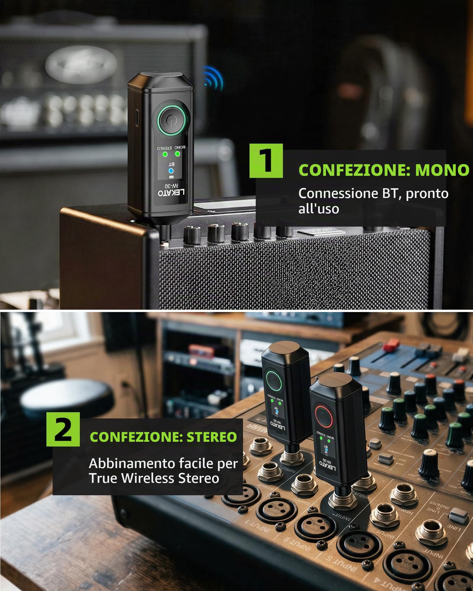 LEKATO iW-30 Ricevitore Bluetooth con jack da 6,35 mm, ricevitore audio mono/stereo wireless con 15 ore di riproduzione e 50 m per amplificatore, sistemi PA, tastiera e mixer