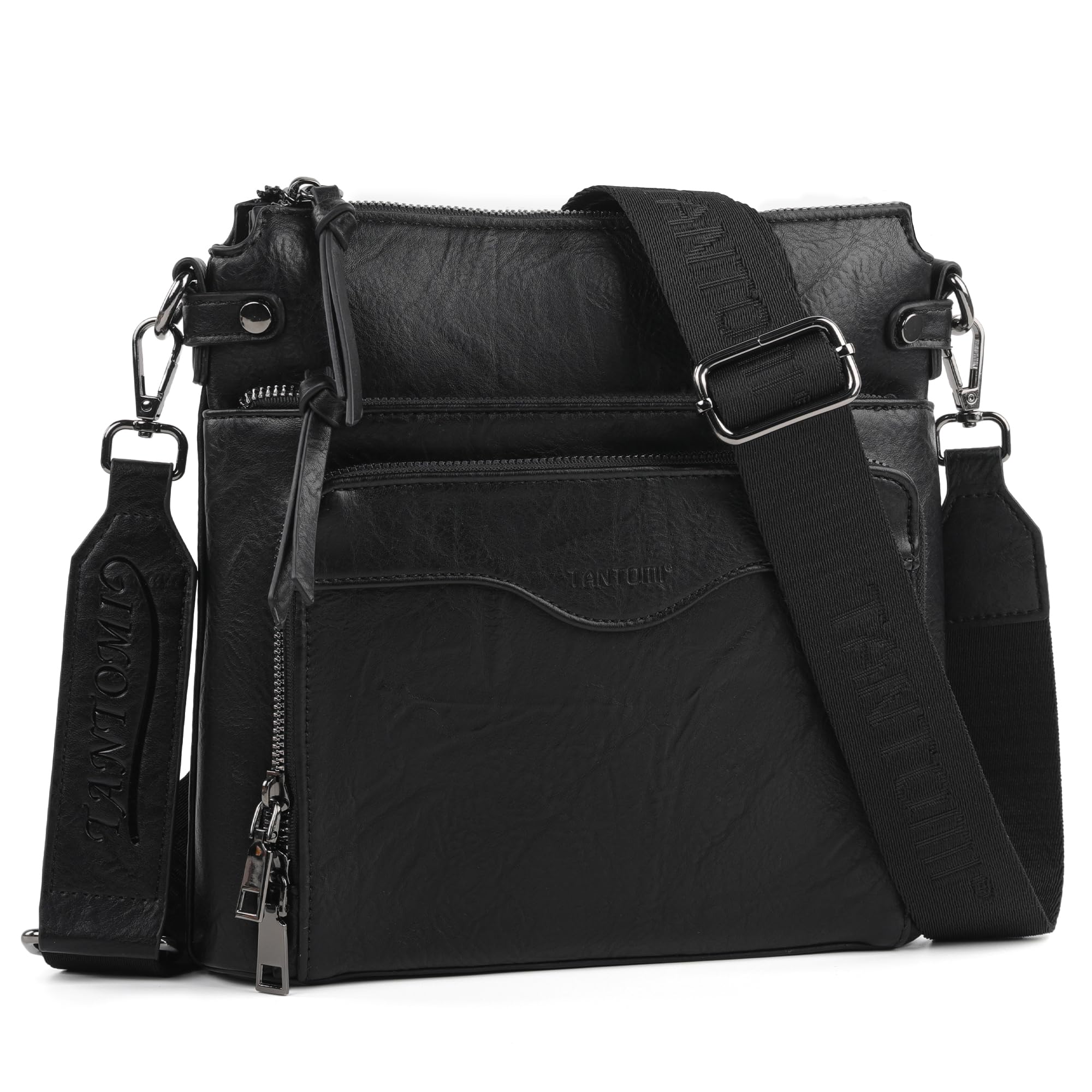 TANTOMI Umhängetasche Damen, Leicht Handtasche Damen Mittelgroß mit Mehreren Fächern, Schultertasche Crossbody Bag Damen mit Verstellbarem Breitem Riemen, Schwarz