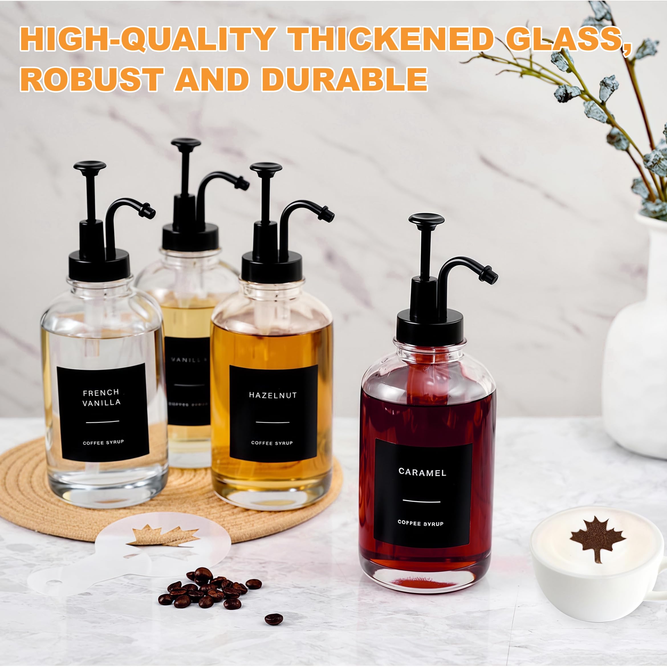 BIKALAN Sirup Spender für Kaffeebar, 500ml Kaffee Sirup Flaschen für Kaffeestation, Kaffeesirup Pumpspender für Küche mit 36 Aufkleber, Faltbar Trichter aus Silikon, 16.9 oz, 4 Packung