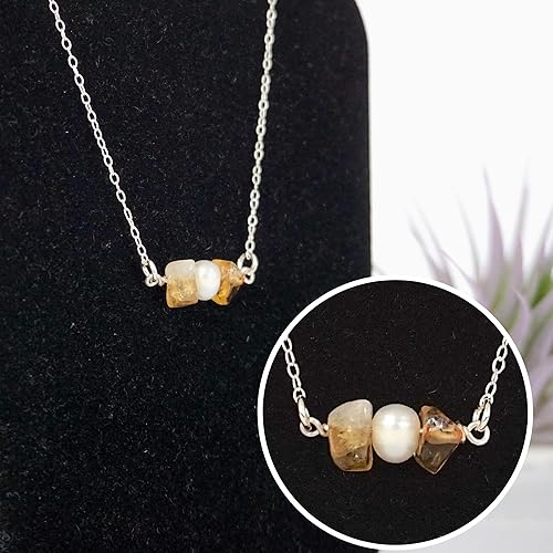 Miniatura 2 de Designs by Nature Gems Handmade Womens Citrine & Pearl Charm Necklace 20-22 inch Adjustable Chain Sterling Silver, February & June Birthstone