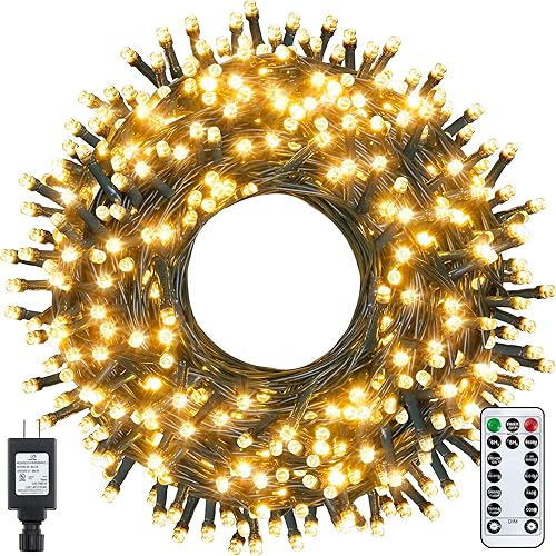 Ollny - Tira de luces de Navidad para exteriores 400 luces LED 132 pies de longitud con control remoto extralargas impermeables de color blanco