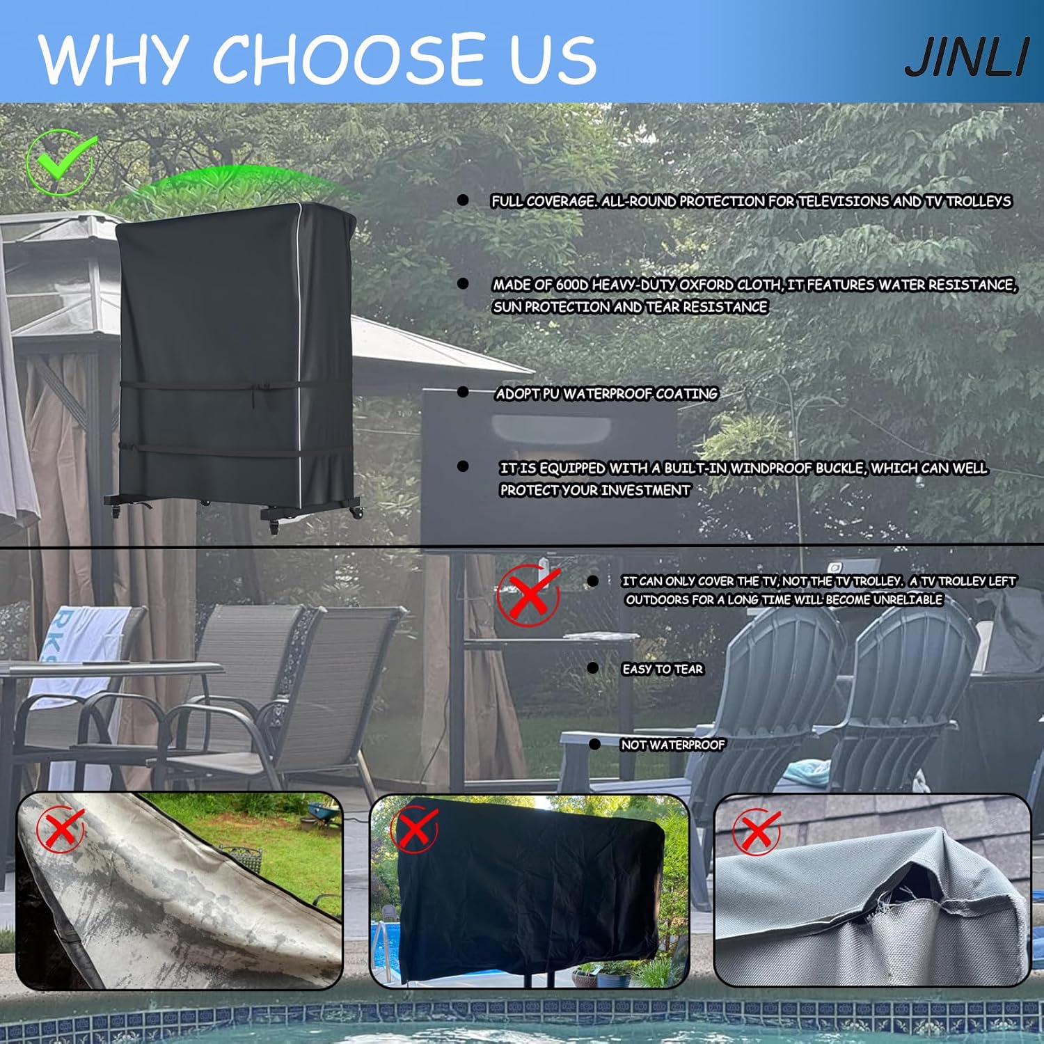 JINLI 60-65 inch outdoor TV trolley cover, courtyard TV cover, Oxford fabric waterproof and dustproof, triple windproof design, compatible with rolling/mobile stand