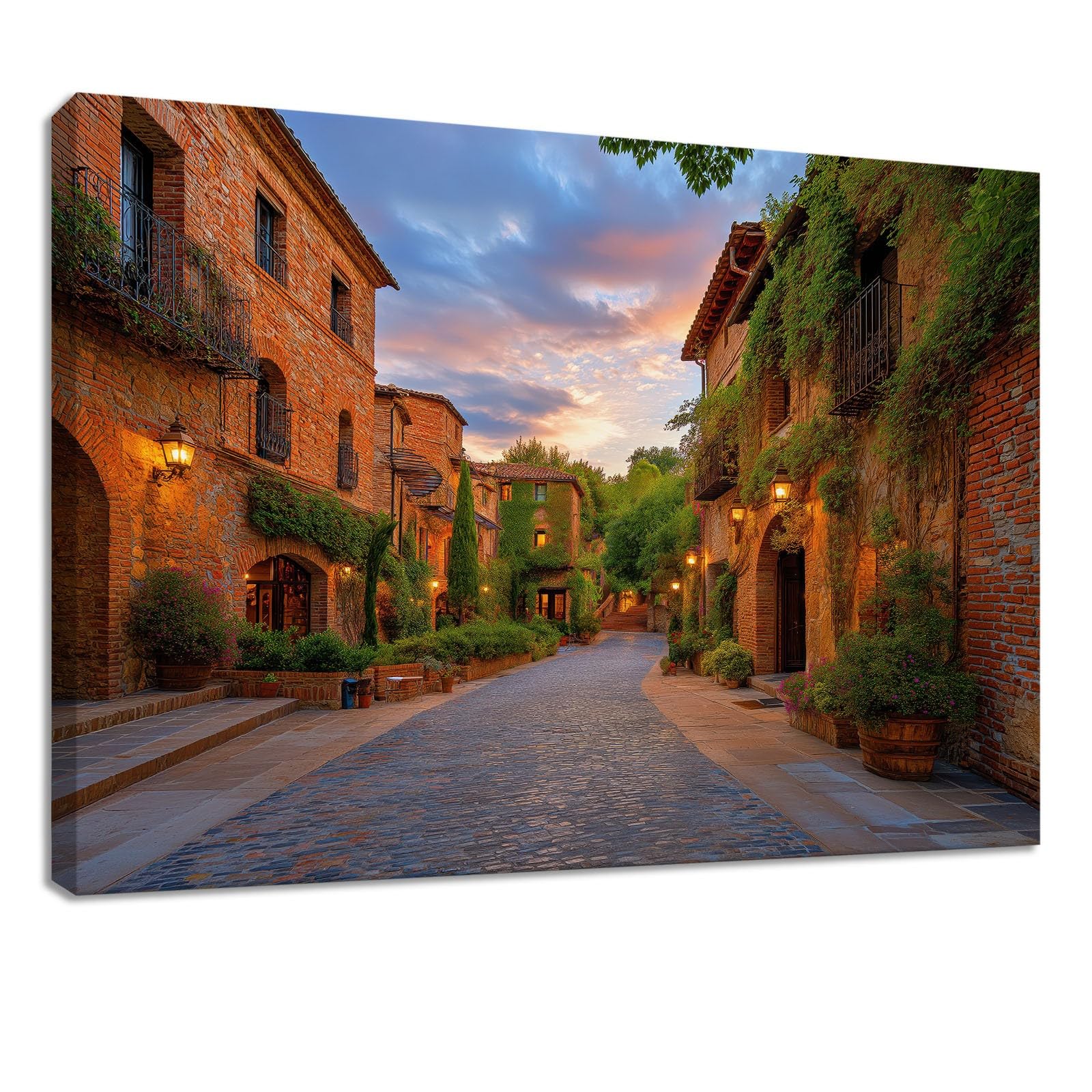 Générique Stampa su tela con cornice in stile country – Quadro dipinto 100 x 70 cm marrone città vicolo casa – Quadro poster decorazione da parete per soggiorno, camera da letto, bagno e ufficio